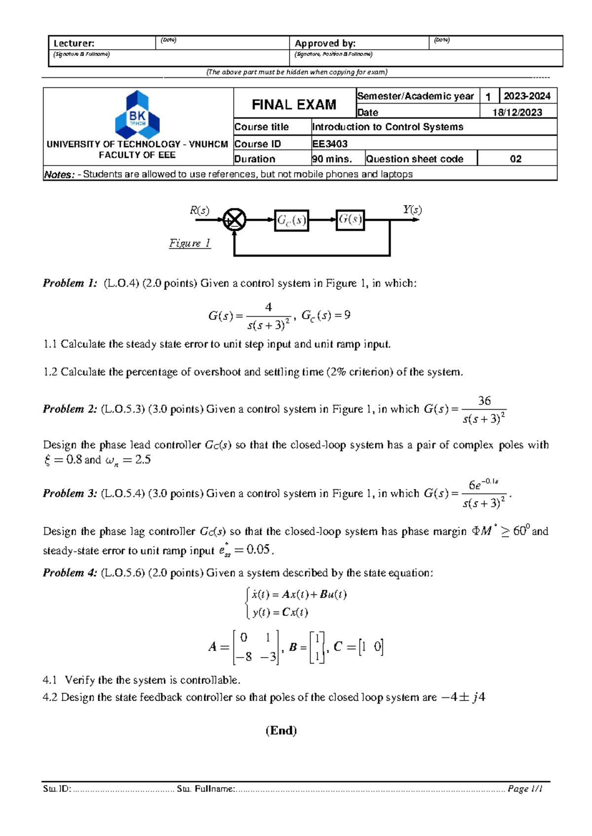 Final Exam EE3403: Introduction to Control Systems Solutions - Studocu