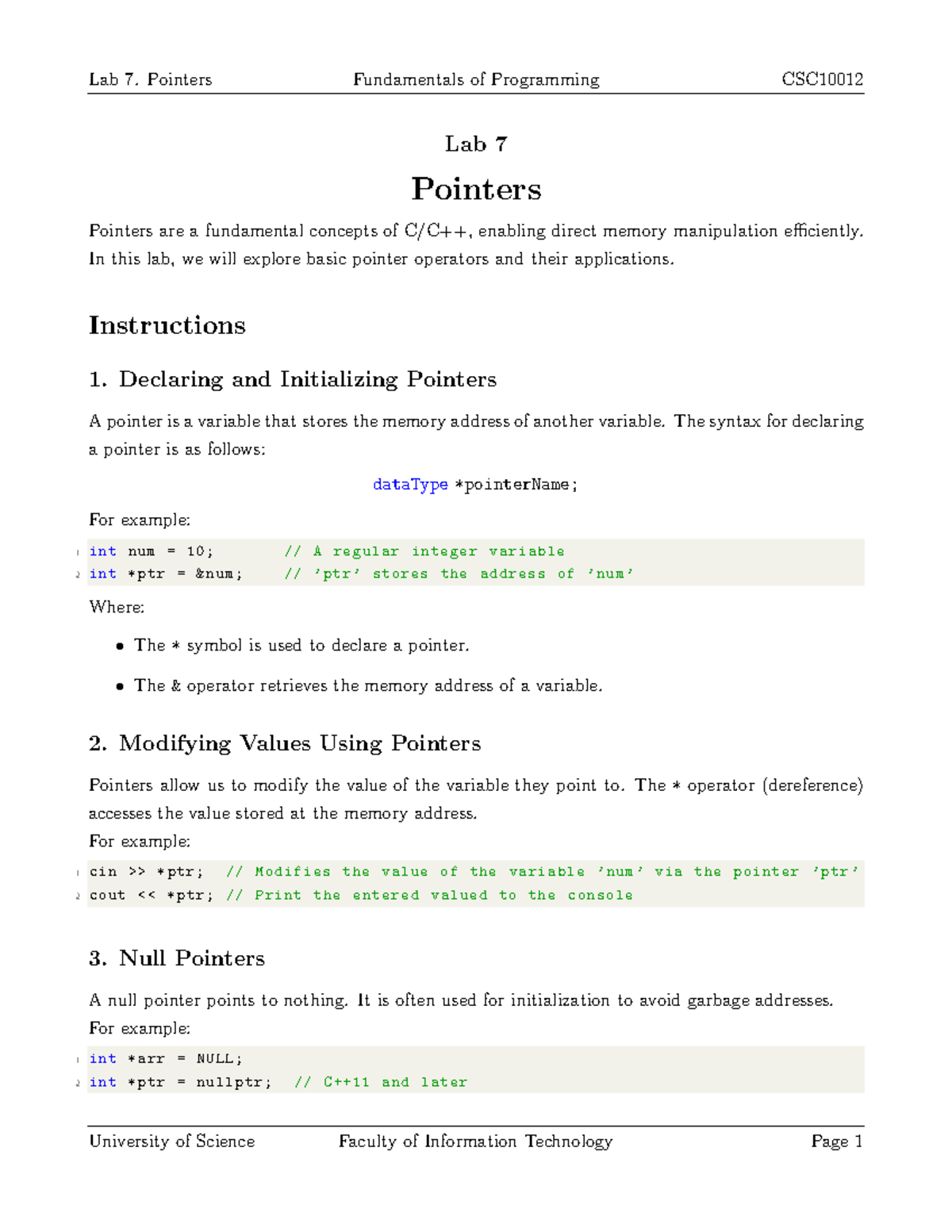 Lab 7: Pointers in Programming Fundamentals - CSC10012 - Studocu