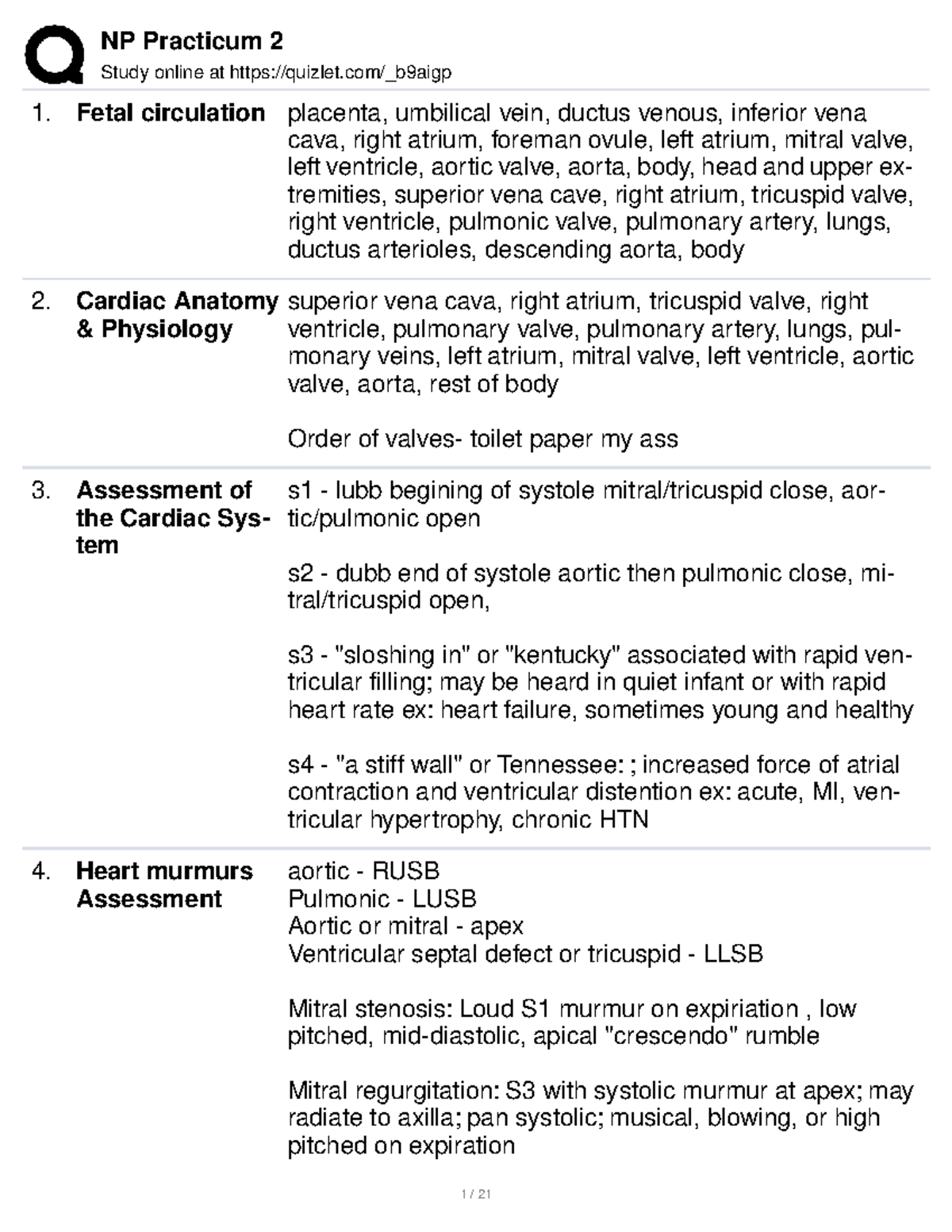 NP Practicum 2 Study Notes: Fetal Circulation & Cardiac Anatomy - Studocu