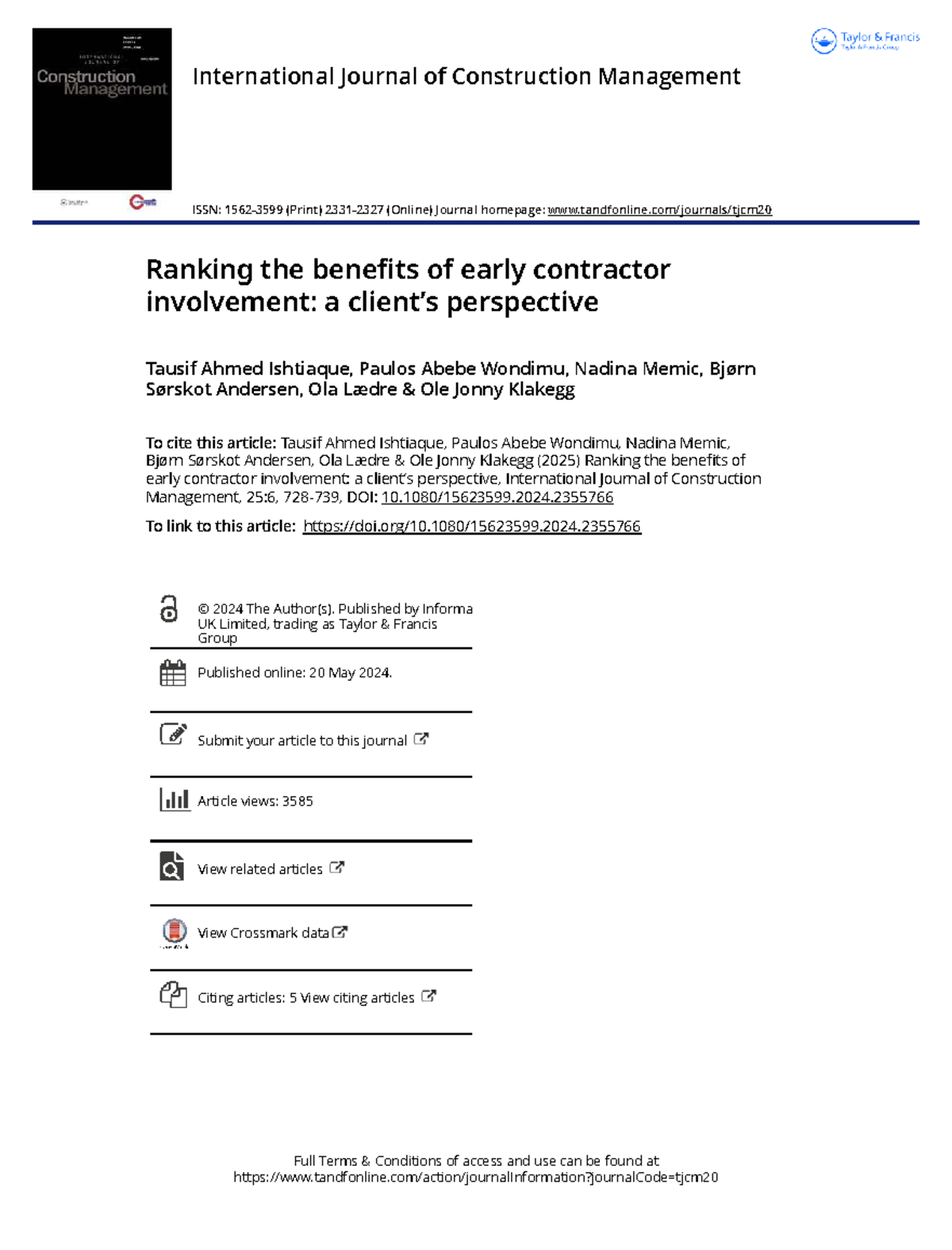 Ranking the Benefits of Early Contractor Involvement: A Client's ...
