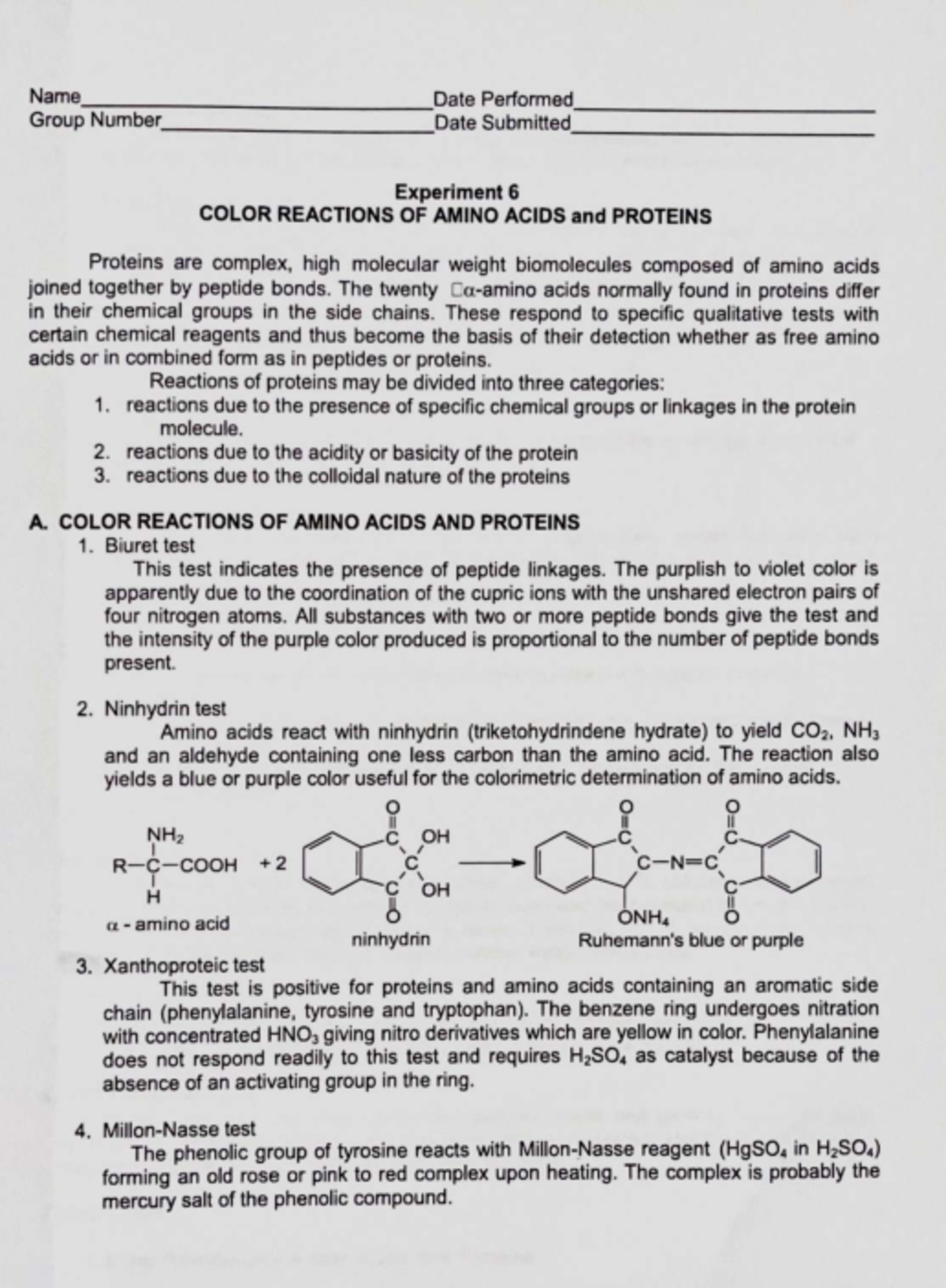 Experiment 6: Color Reactions of Amino Acids & Proteins (BIO 101) - Studocu