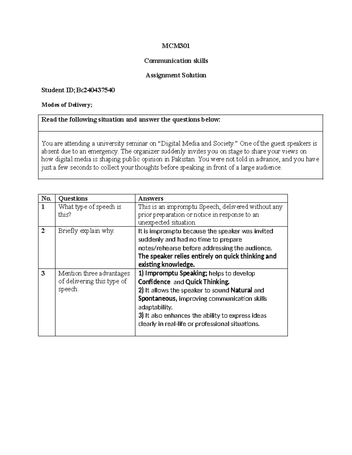 MCM301 Fall 2025 Impromptu Speech Assignment Solutions - Studeersnel