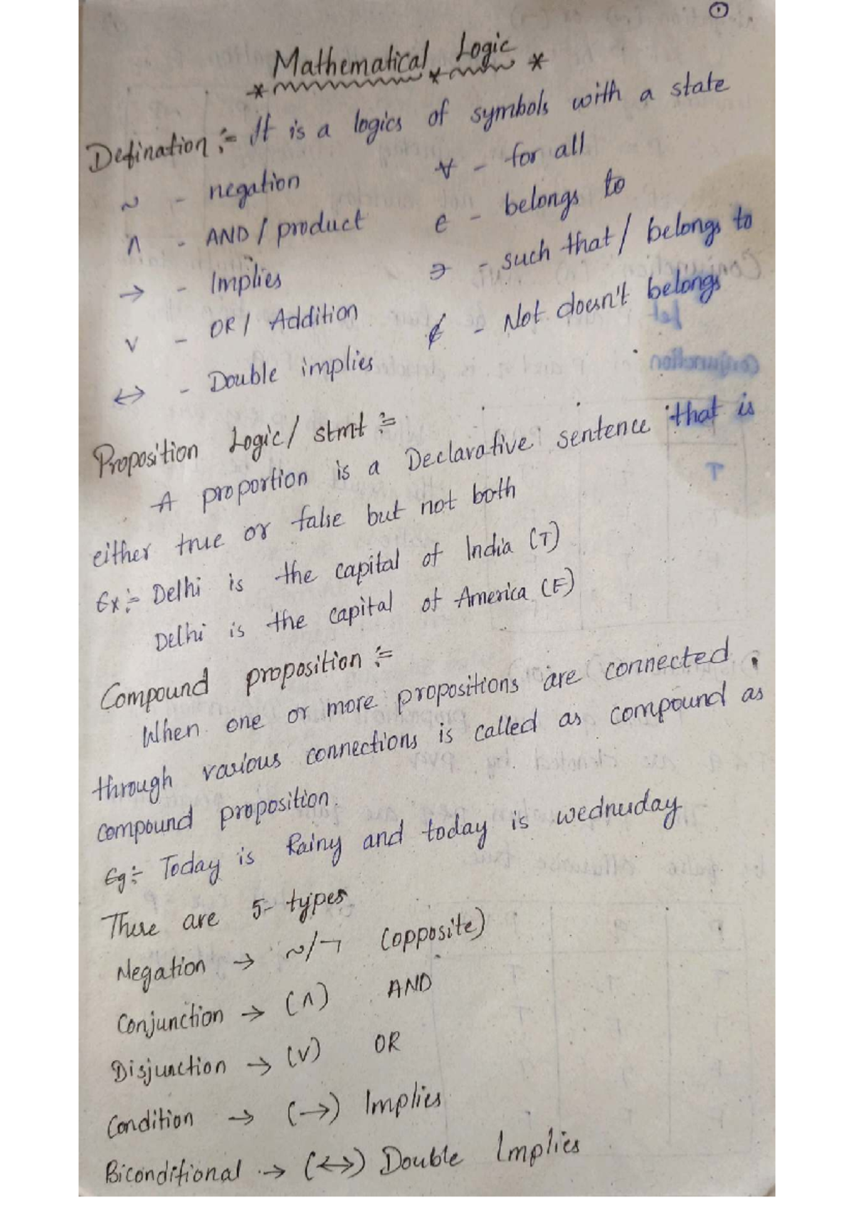 Mathematical Logic Definitions and Truth Tables - Dm Unit 1 JNTUH R22 ...