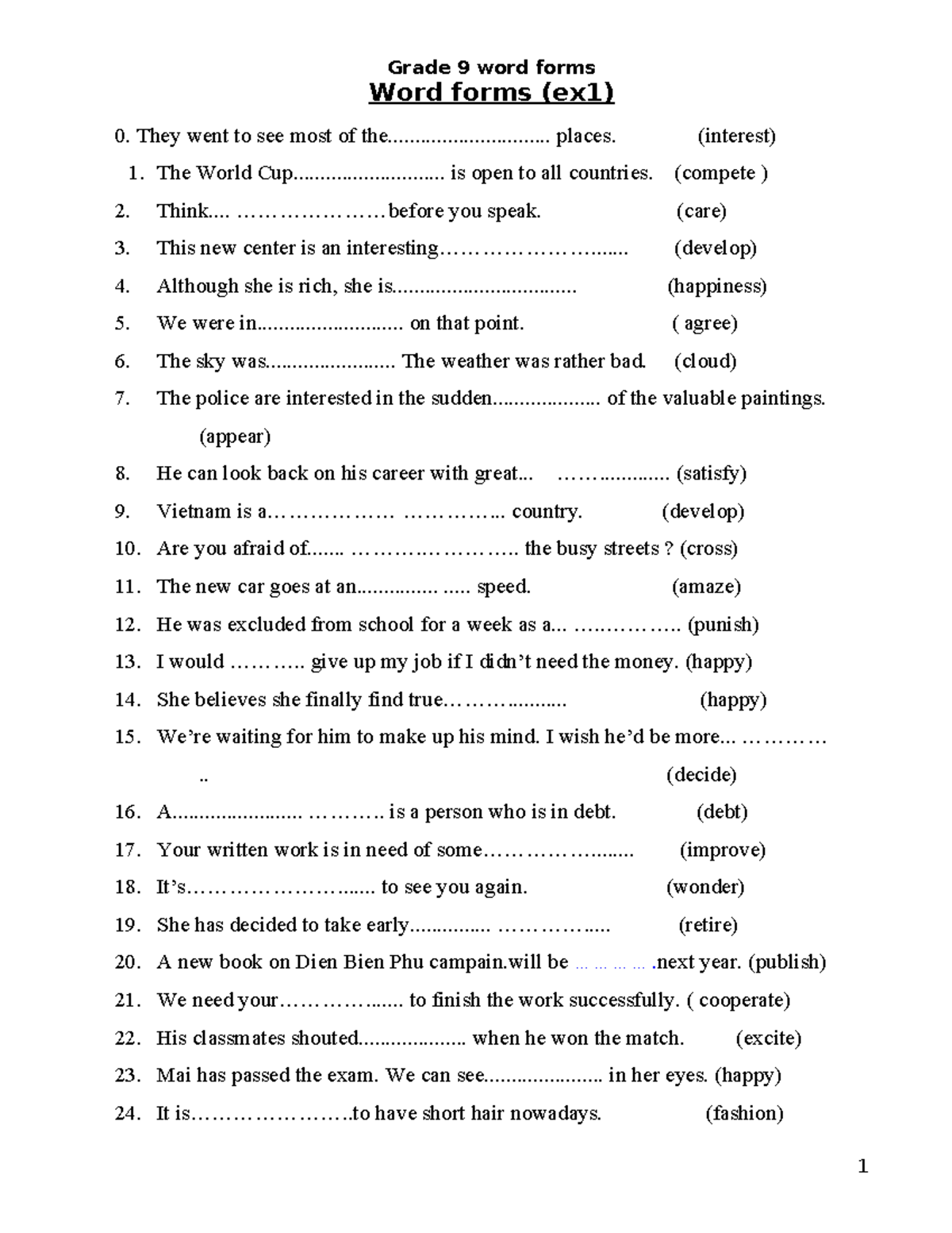 Grade 9 Word Forms Exercises - Grammar Practice - Studocu