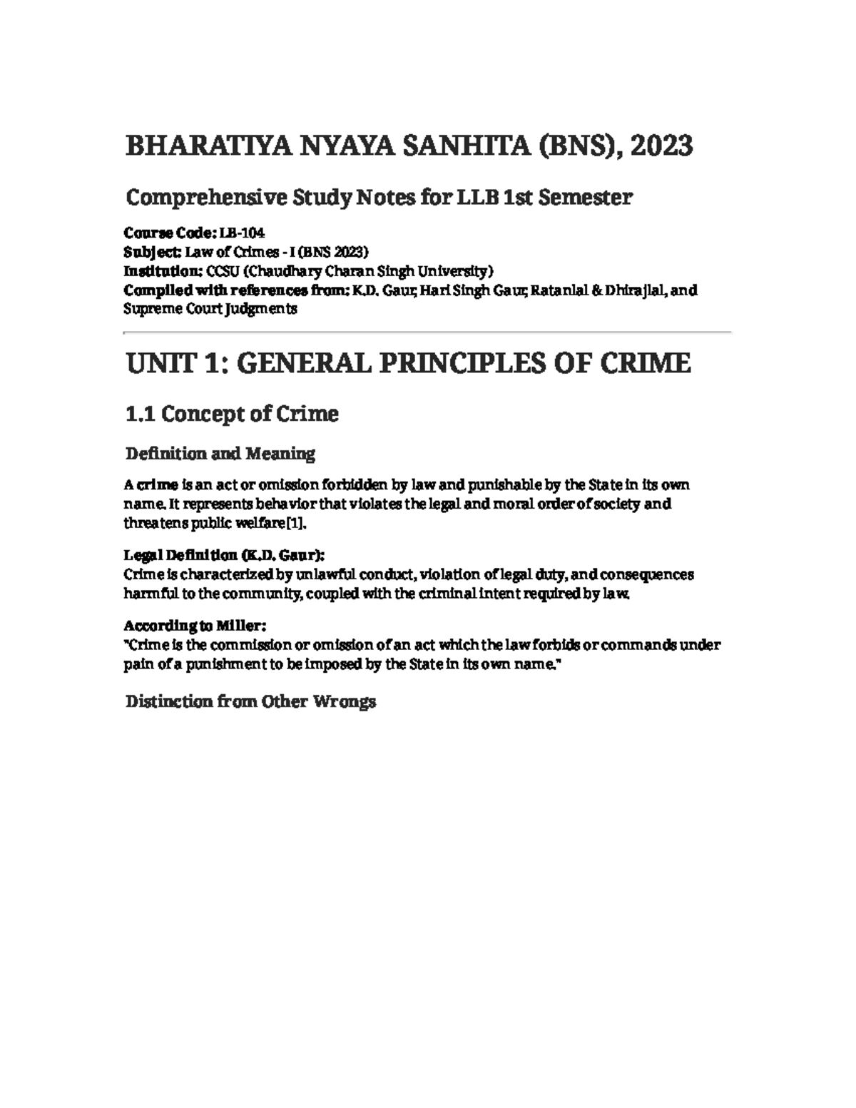 BNS 2023: Comprehensive Study Notes on Law of Crimes I for LLB 1st Sem ...