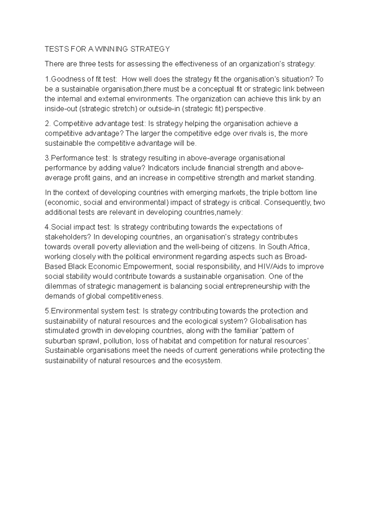 Tests for Evaluating a Winning Strategy in Organizations - Studocu