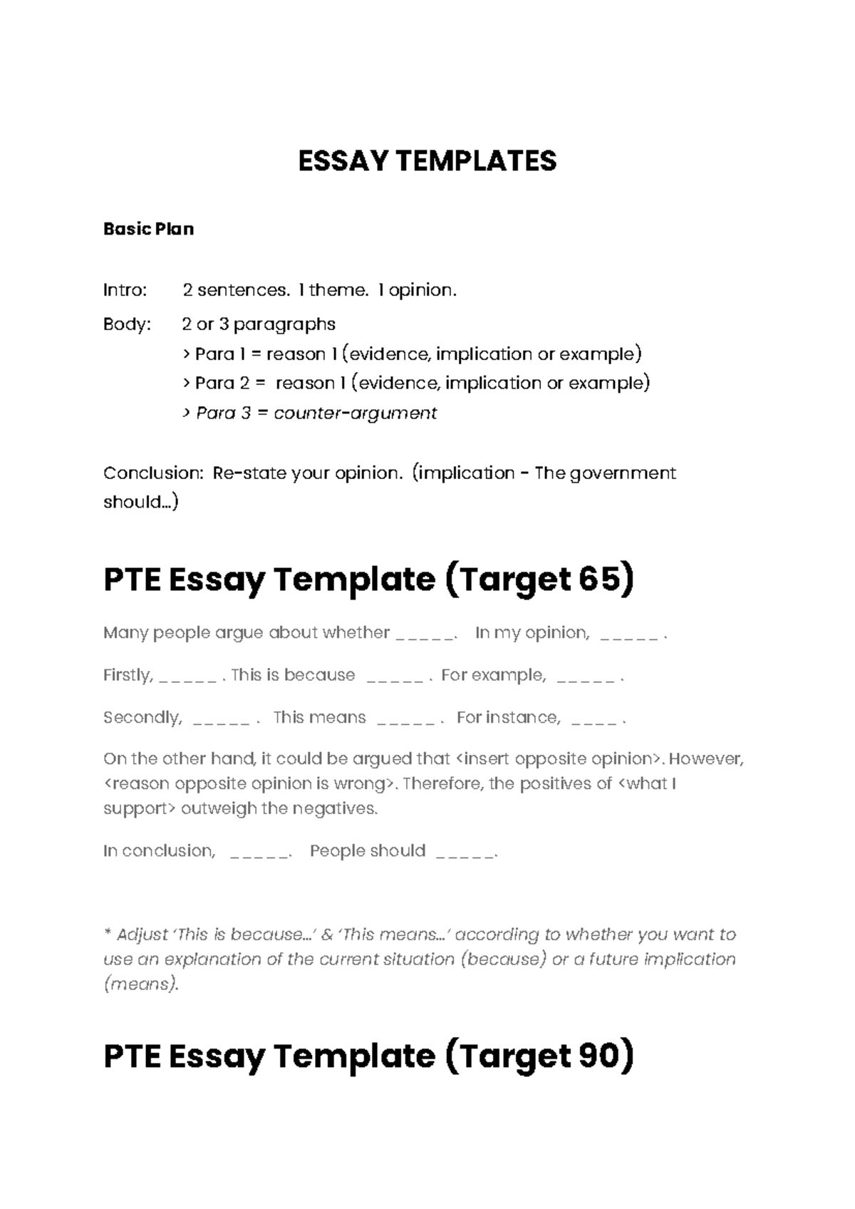 PTE Essay Templates for Target Scores 65 & 90 - Studocu