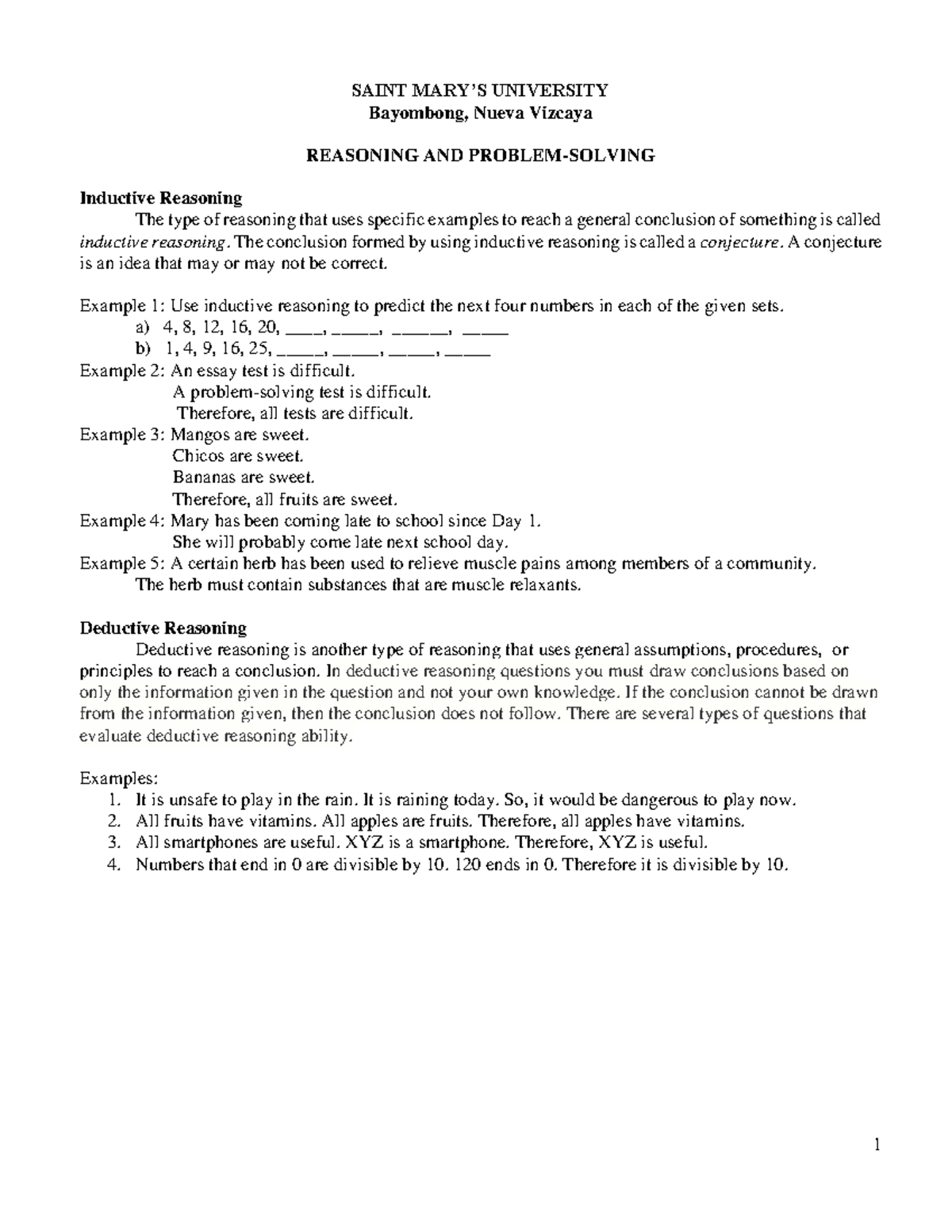 SAINT UNIVERSITY REASONING AND PROBLEM SOLVING (Course Code) - Studocu