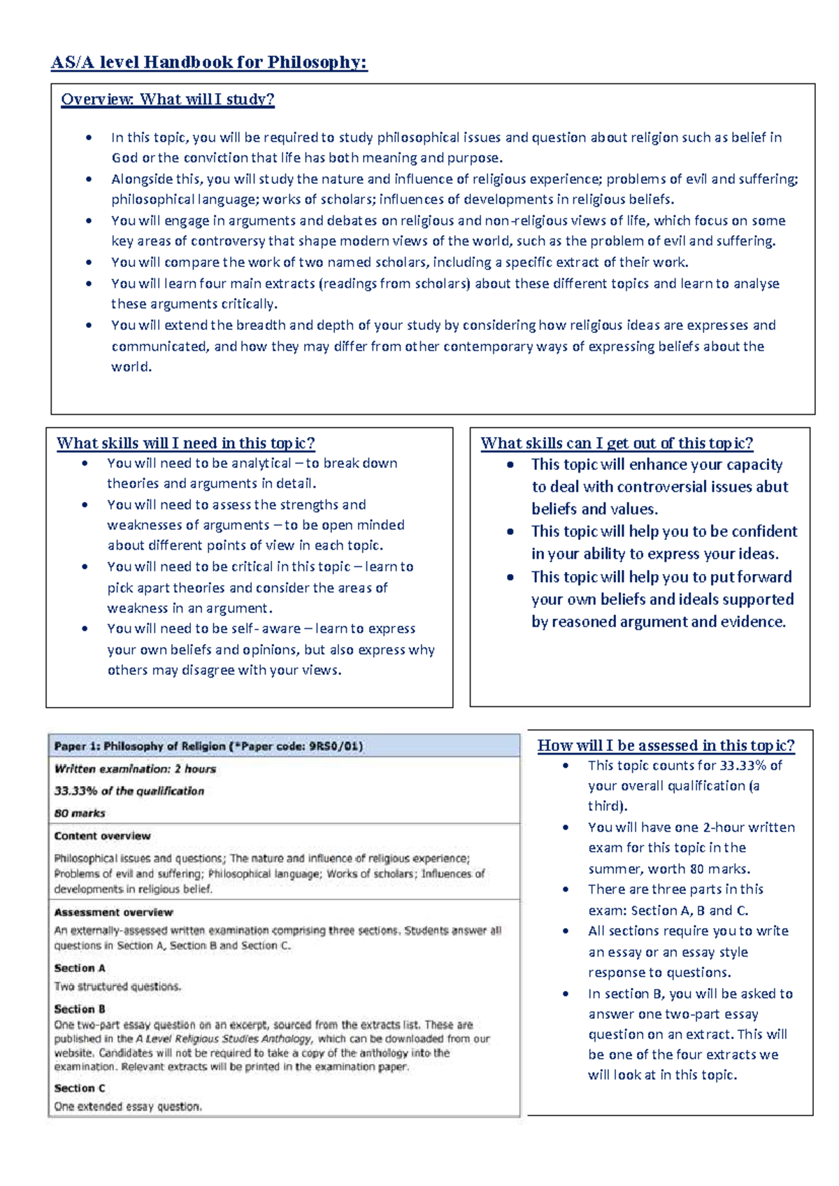 A Level Handbook for Philosophy: Key Concepts and Skills Overview - Studocu