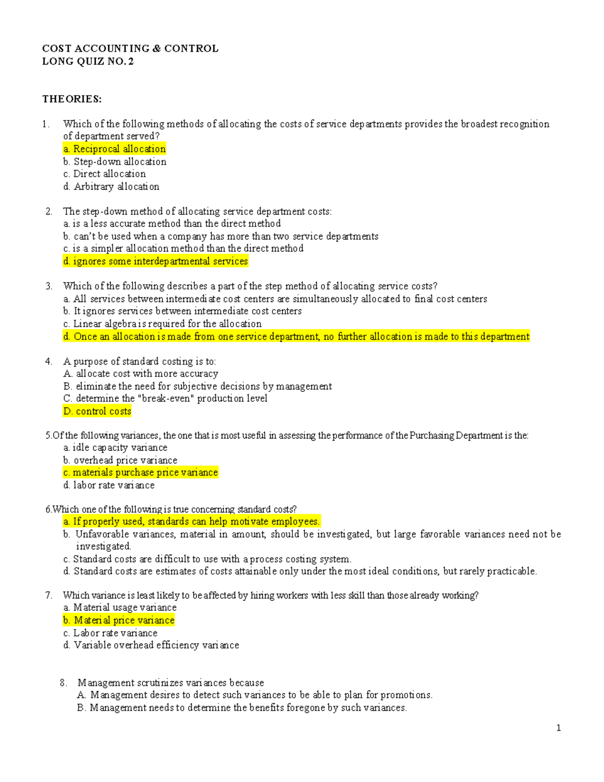 COST ACCOUNTING & CONTROL - LONG QUIZ NO. 2 (ACC 101) - Studocu