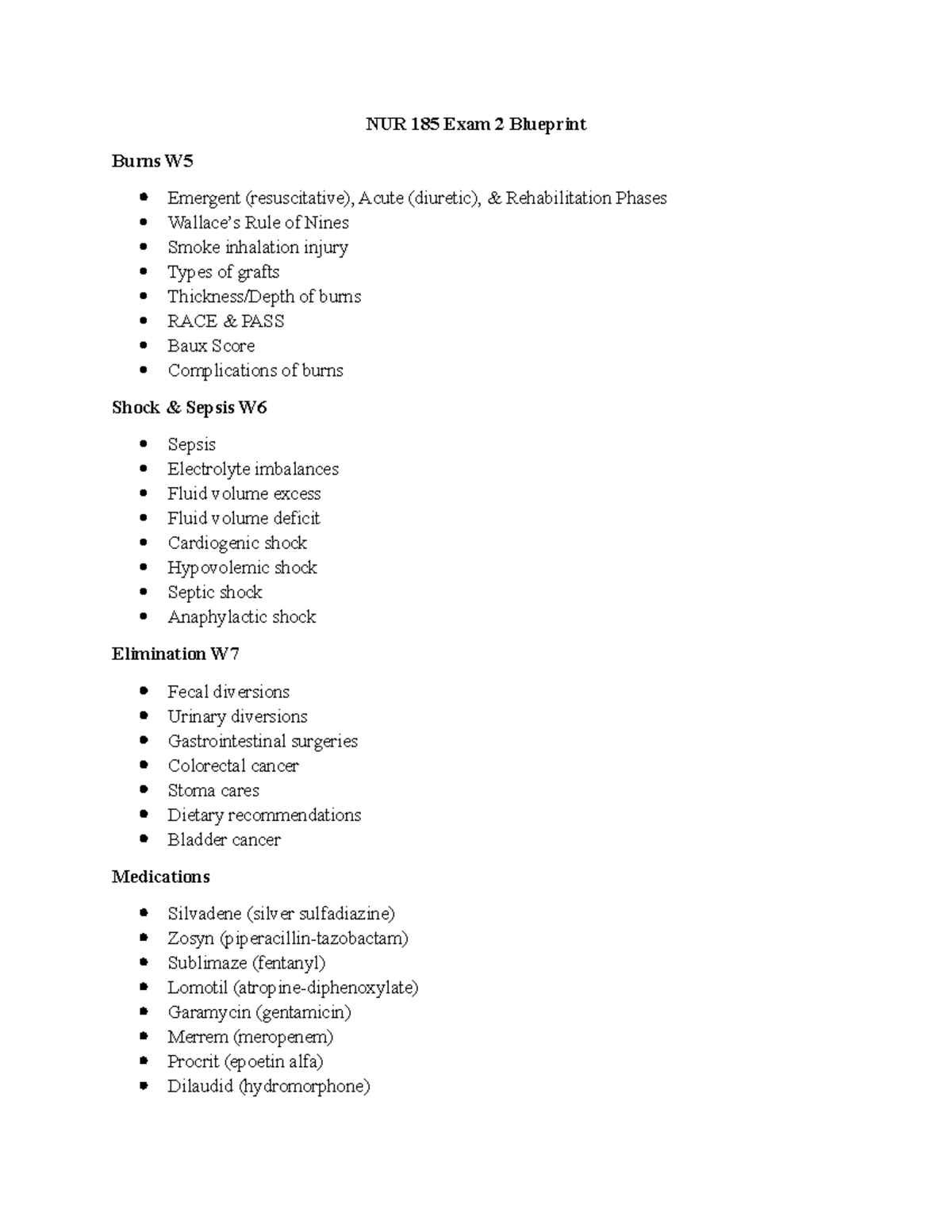 NUR 185 Exam 2 Blueprint: Burns, Sepsis, and Surgical Care - Studocu