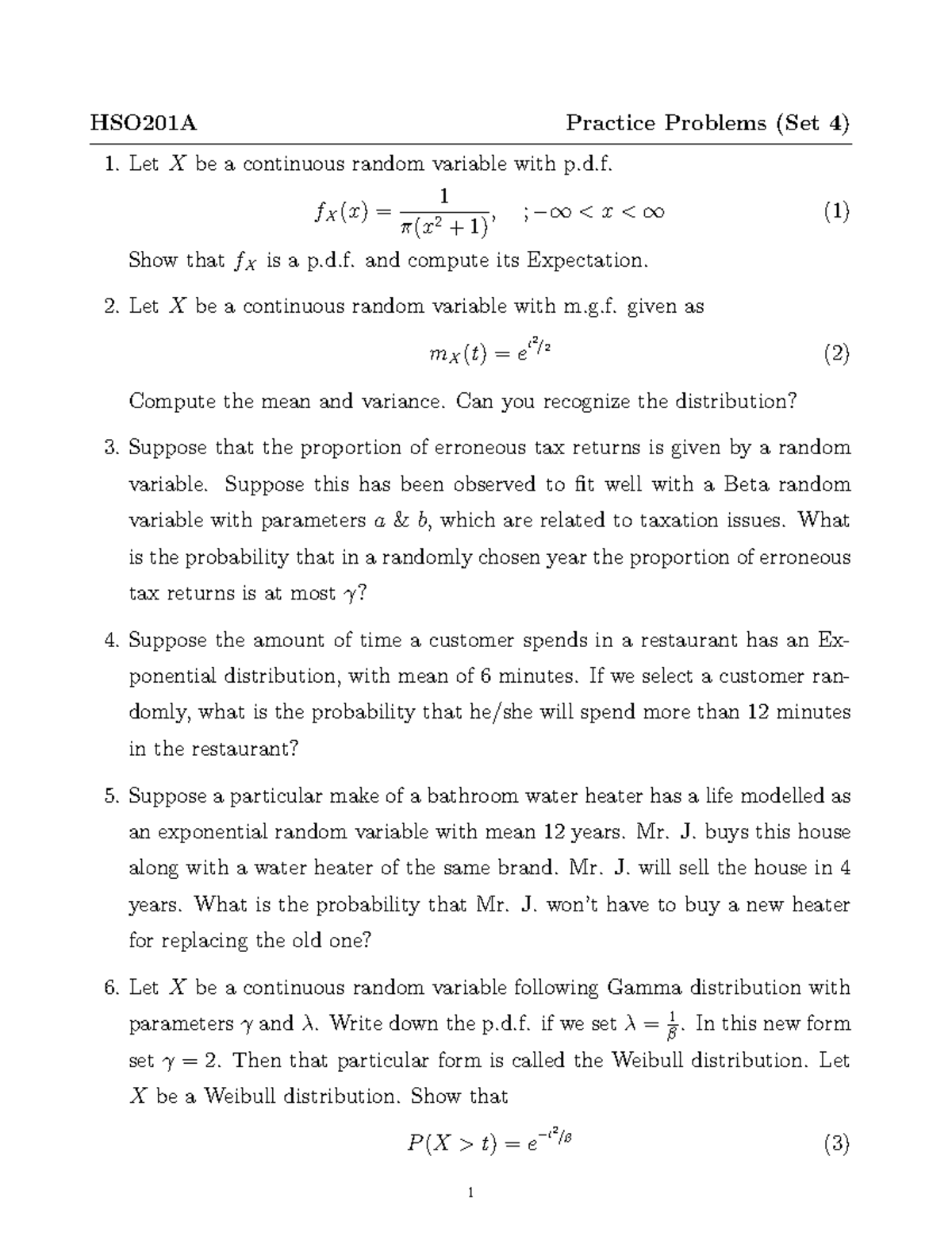 HSO201 Practice Problems: Continuous Variables and Distributions - Studocu