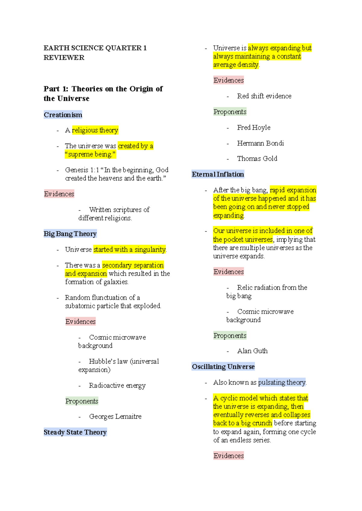 Science Reviewer - EARTH SCIENCE QUARTER 1 REVIEWER Part 1: Theories on ...