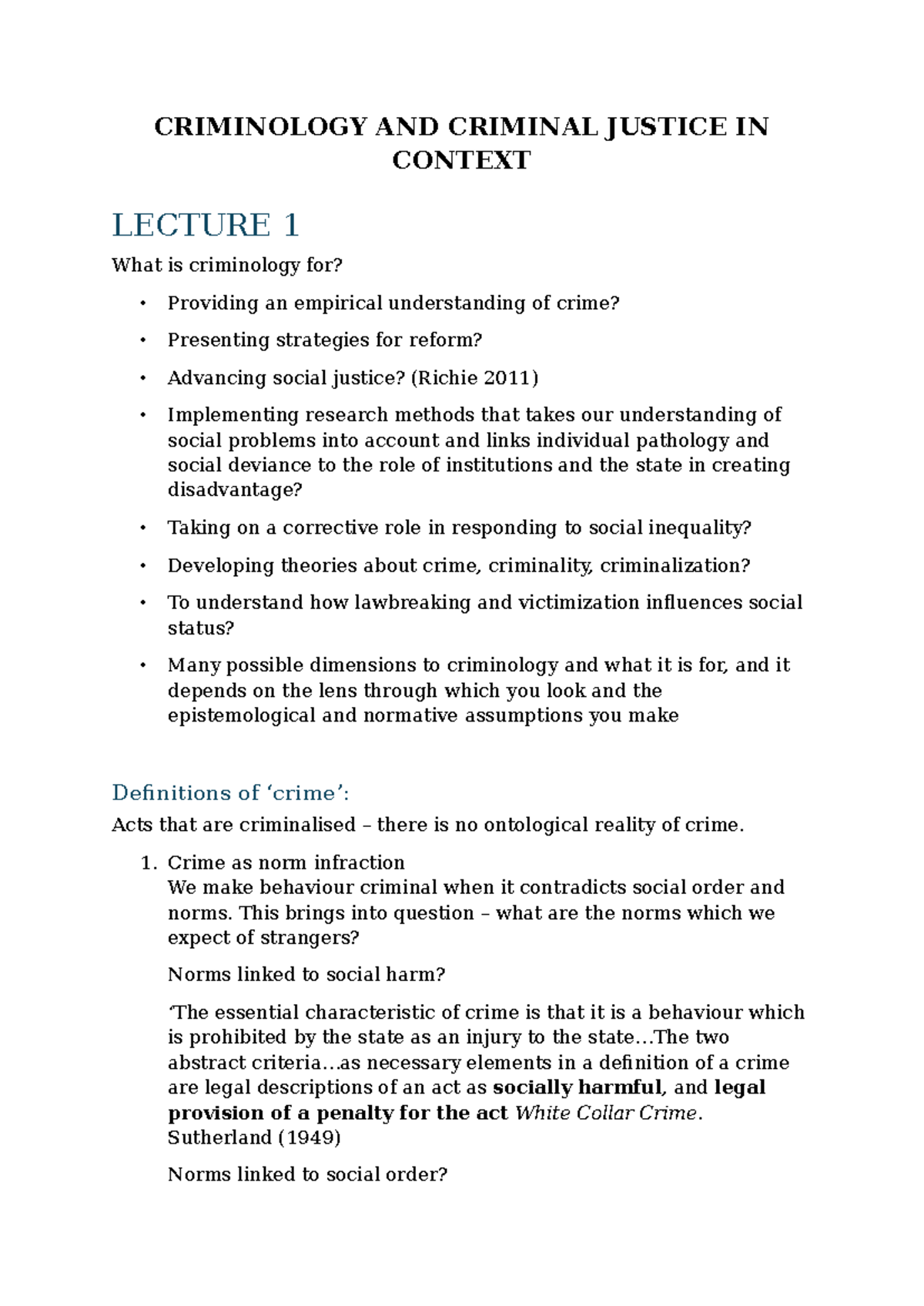 CCJC - Criminology and Criminal Justice Lecture Notes Overview - Studocu