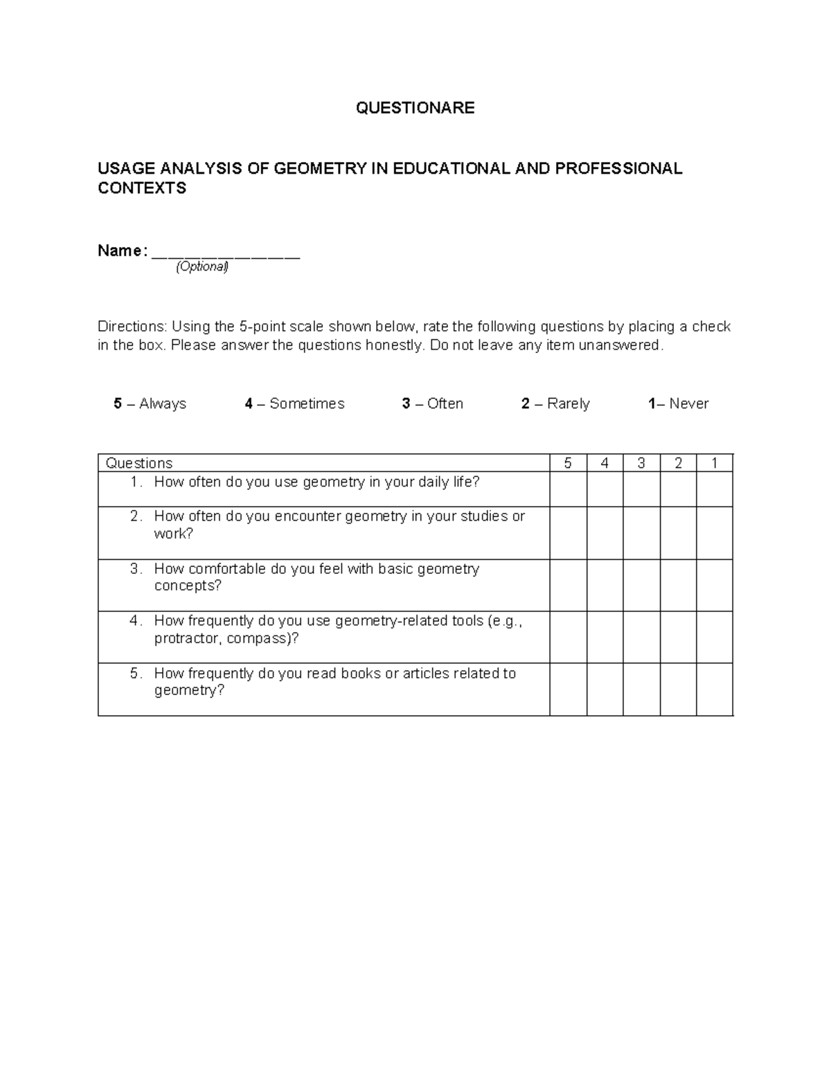 Geometry Usage Questionnaire Analysis in Education & Profession - Studocu