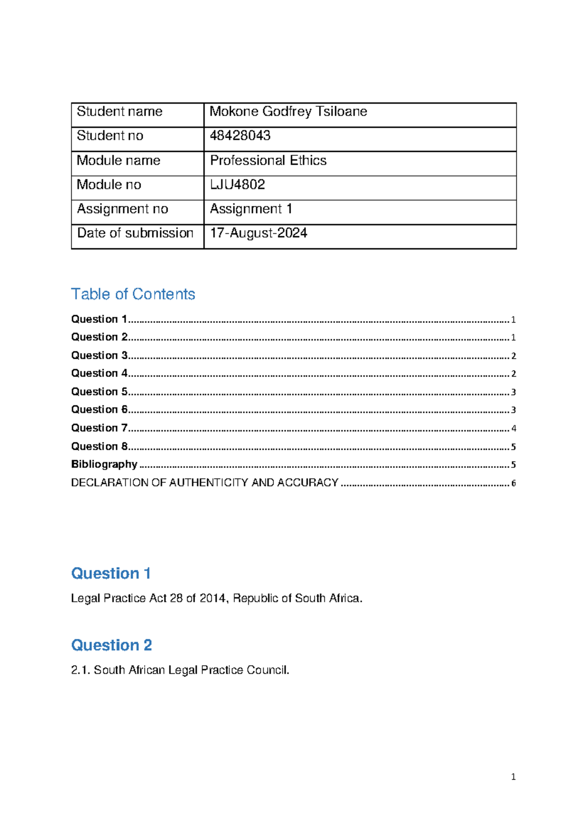 Lju4802 Professional Ethics Assignment 1 Legal Practice Council