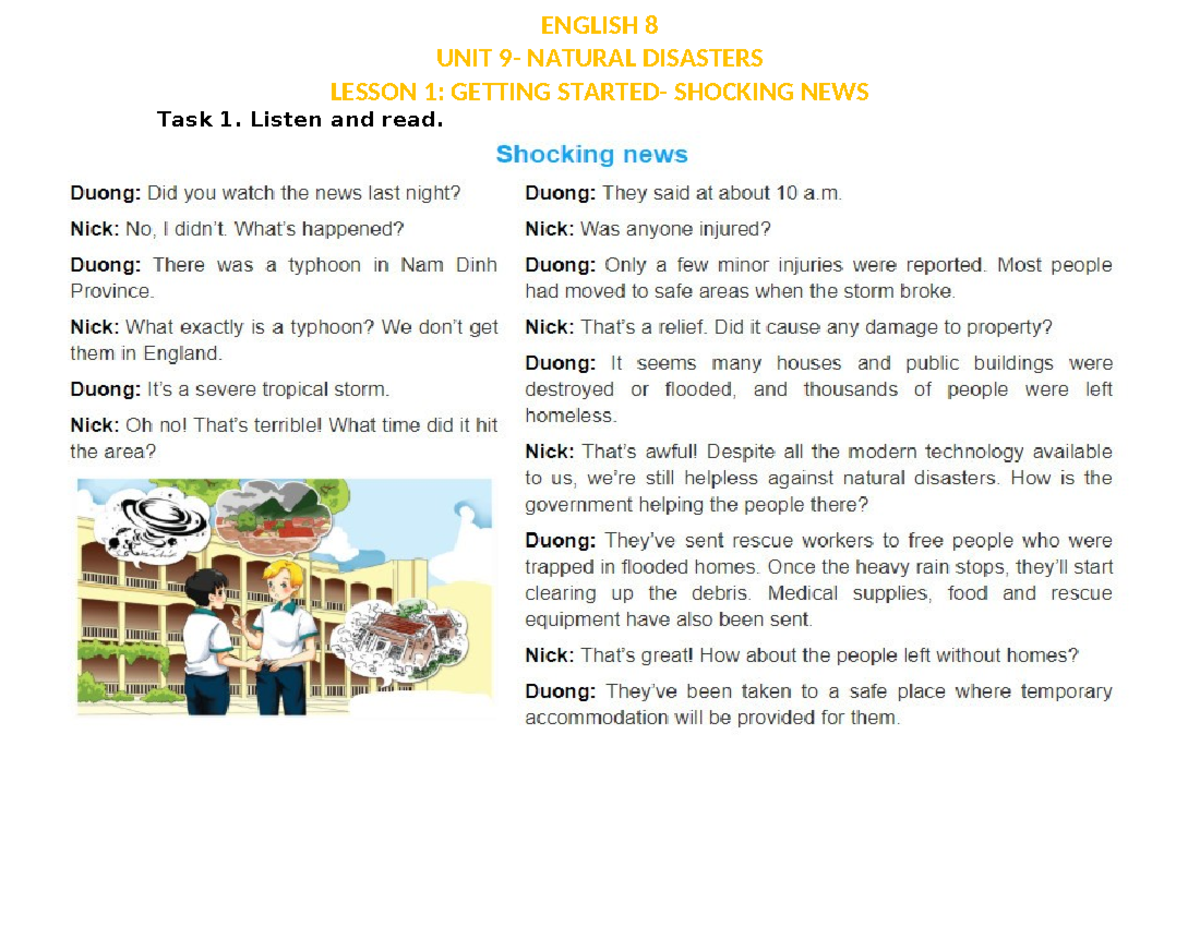 ENGLISH 8 UNIT 9 LESSON 1: NATURAL DISASTERS OVERVIEW - Studocu