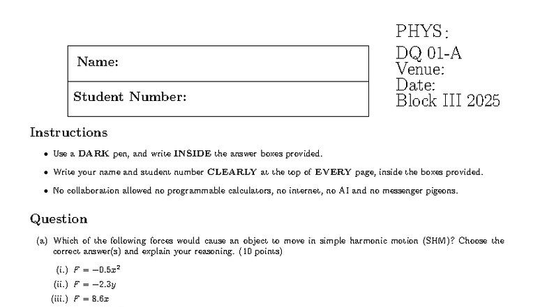 PHYS DQ01: Simple Harmonic Motion - Solutions and Work - Studocu