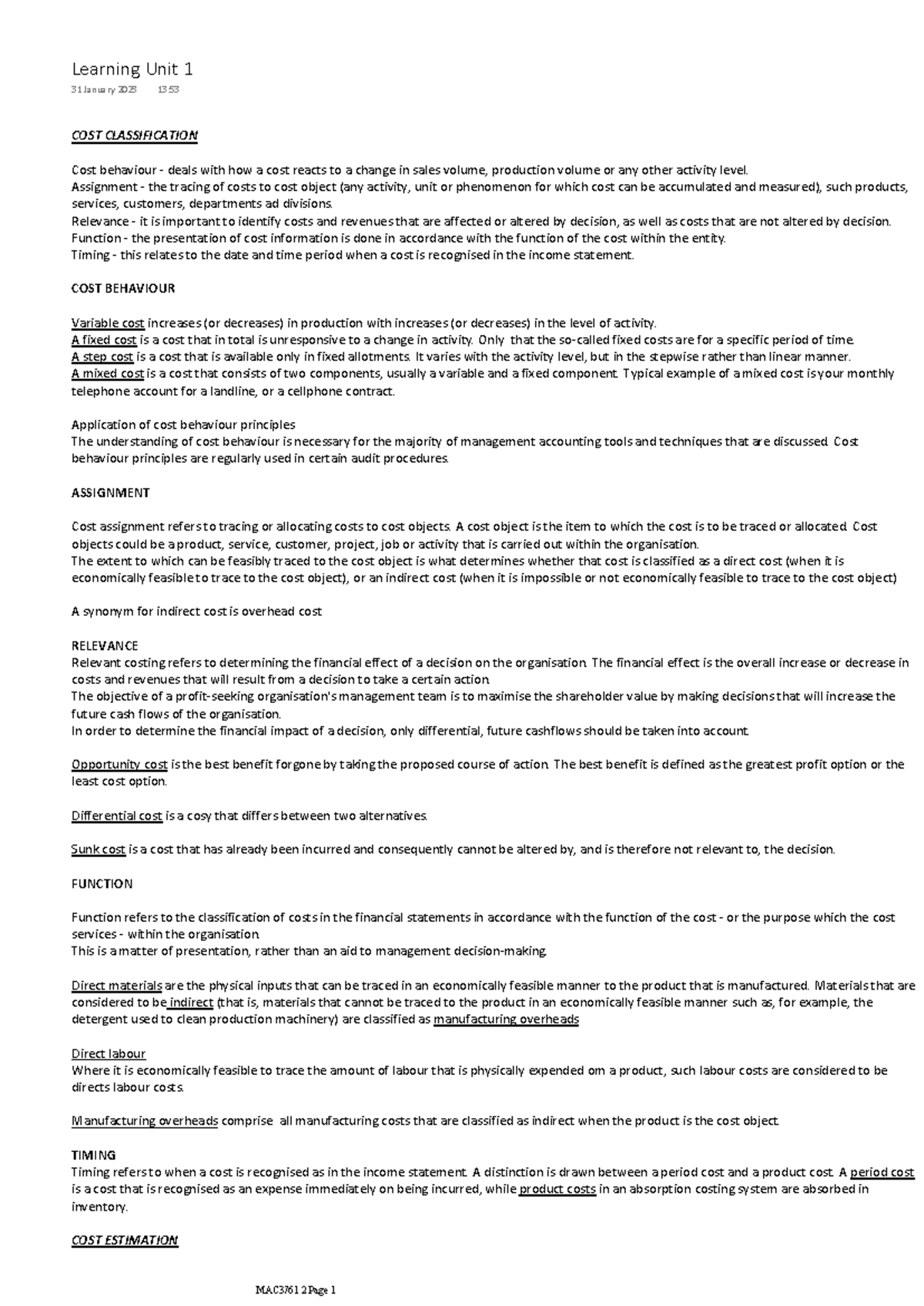 COST CLASSIFICATION & BEHAVIOUR: Notes for MAC3761 - Studocu