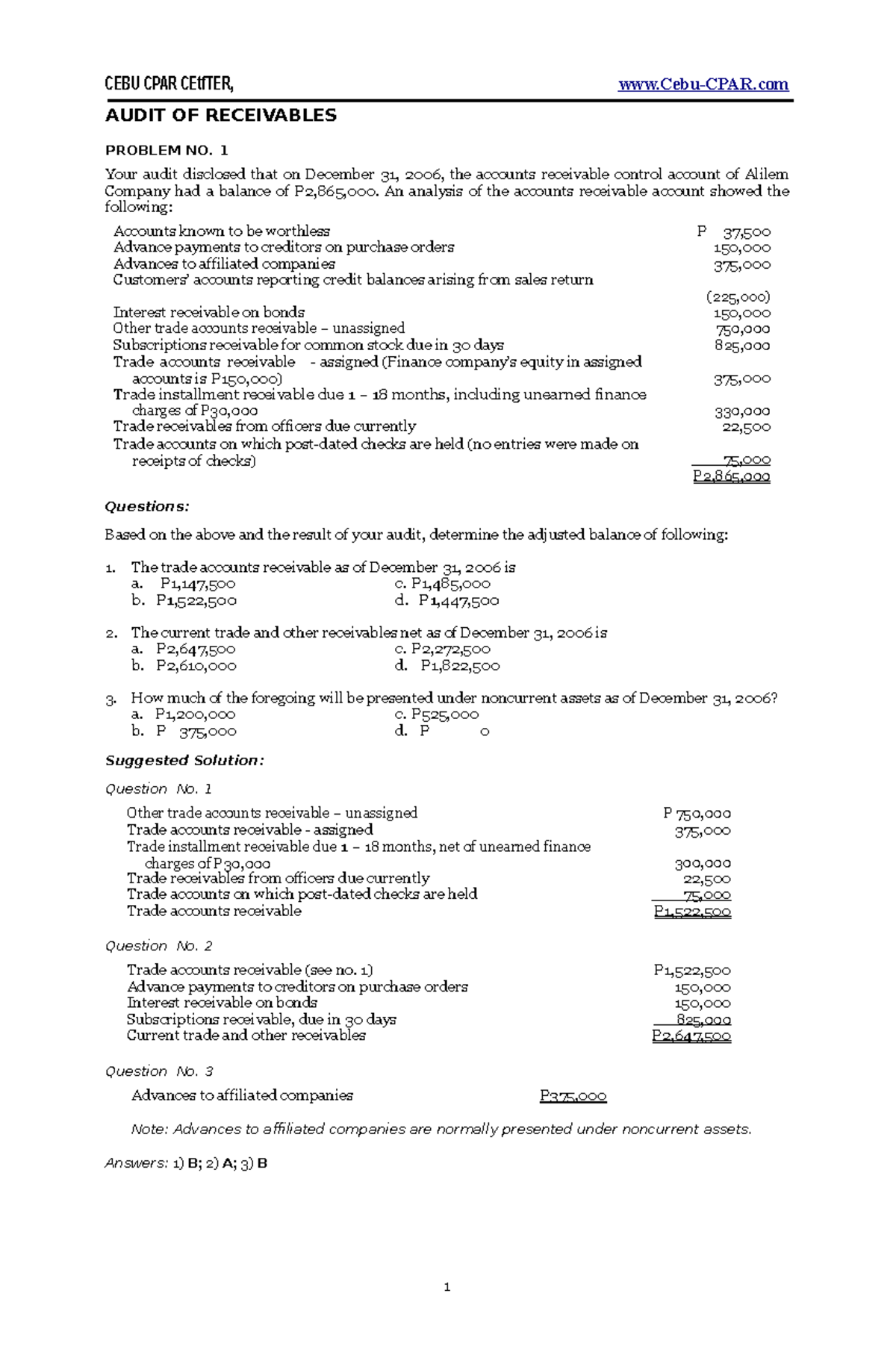 Audit of Receivables: Reviewer Notes (CPAR Cebu) - Document Preview