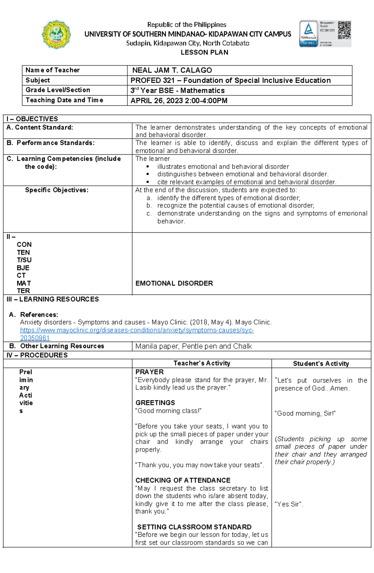 PROFED 321 Lesson Plan: Understanding Emotional and Behavioral ...