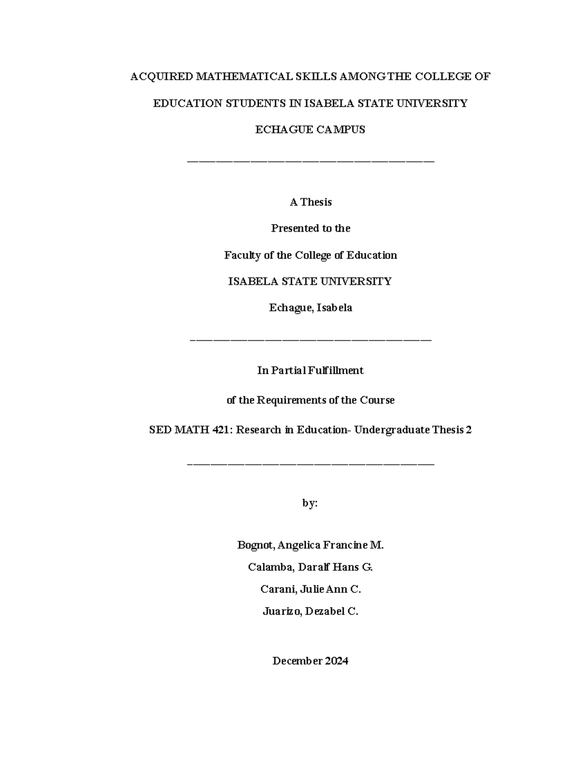 SED MATH 421: Acquired Mathematical Skills of Education Students at ISU ...