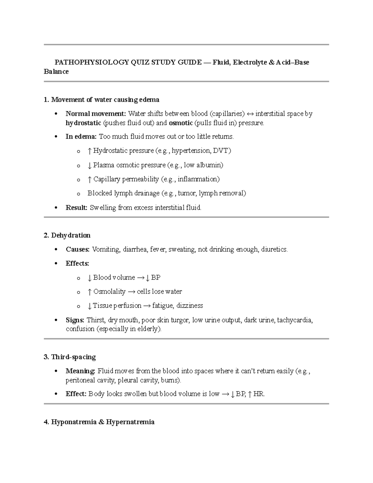 PATHOPHYSIOLOGY QUIZ STUDY GUIDE: Fluid & Electrolyte Balance - Studocu