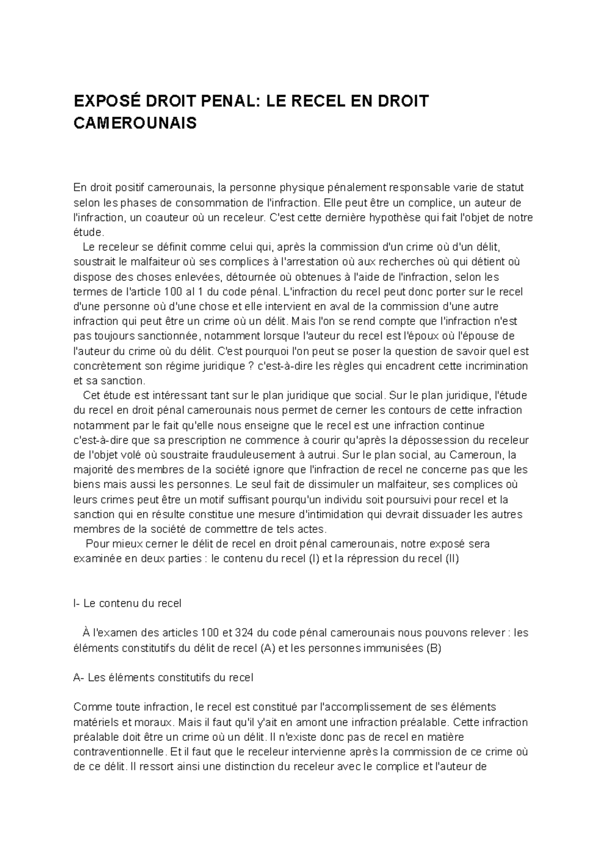 Exposé sur le Recell en Droit Pénal Camerounais - Droit Pénal LE 2023 ...