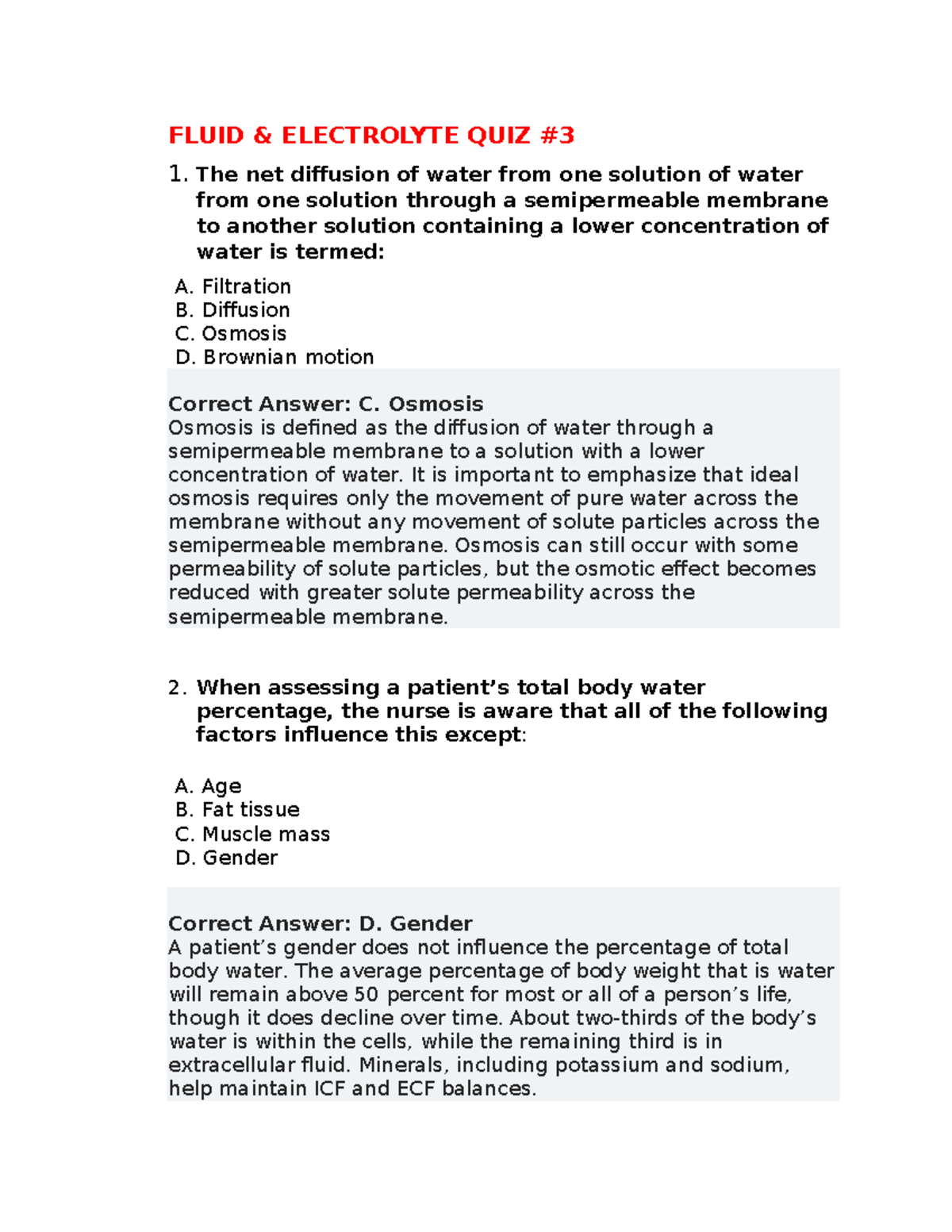 Q3 Fluid & Electrolyte Quiz 1: Key Concepts and Answers - Studocu