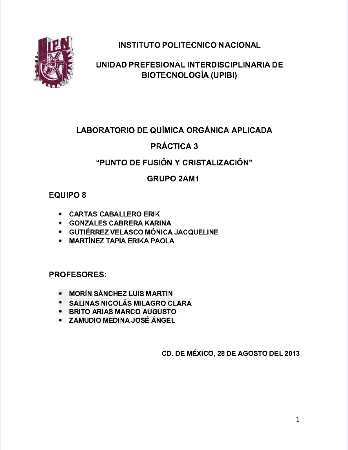 Práctica 3: Punto de Fusión y Cristalización en Química Orgánica - Document Preview