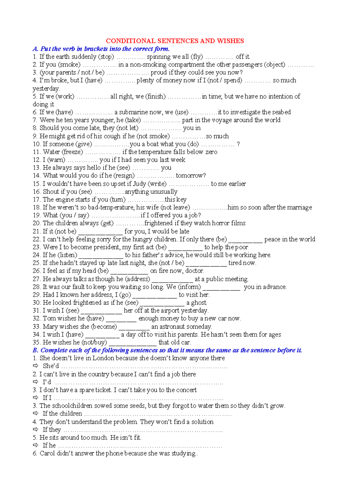 Conditional Sentences and Wishes Practice Exercises (ENG101) - Studocu
