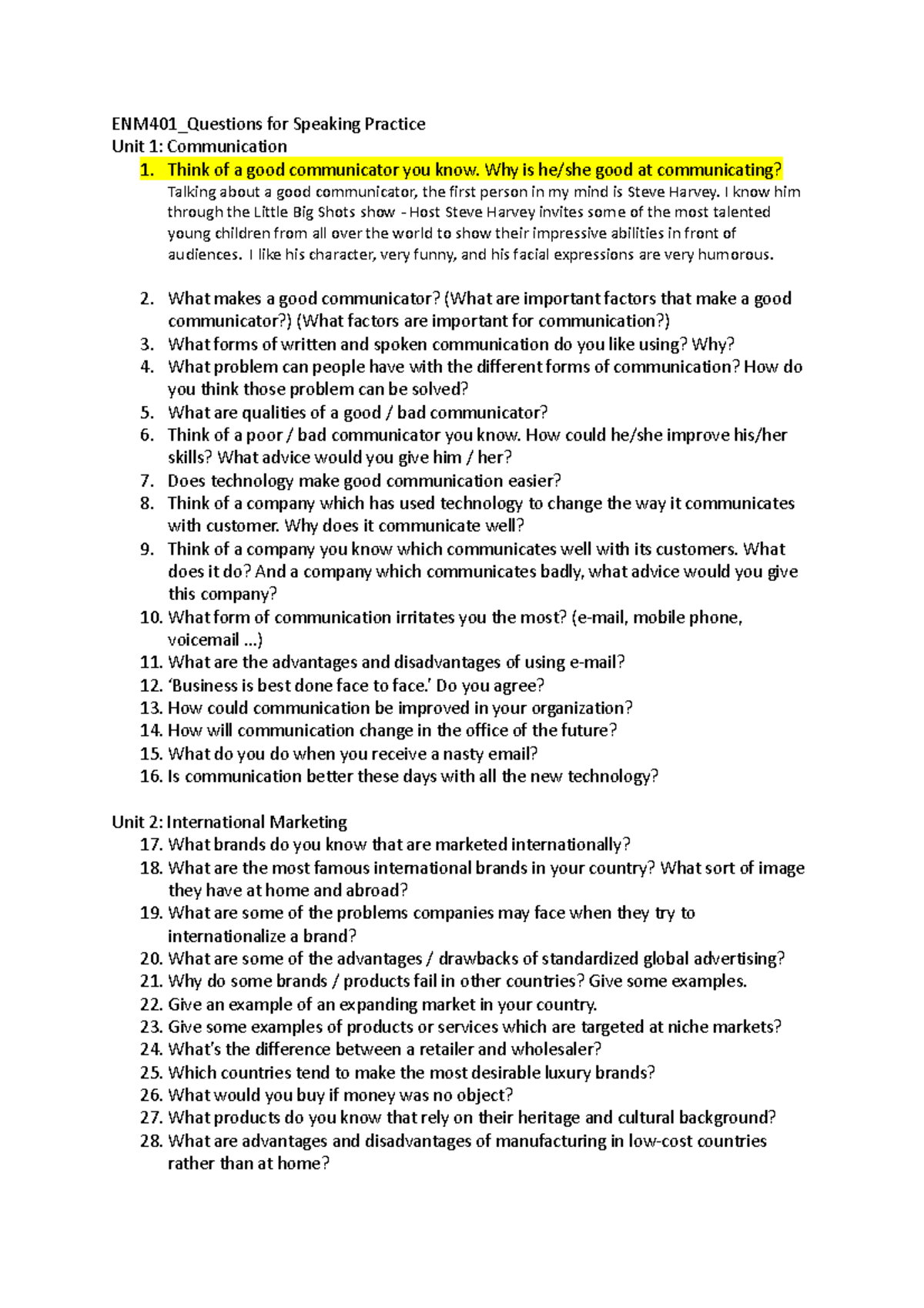 544243925 ENM401 Speaking Practice Questions for Effective ...