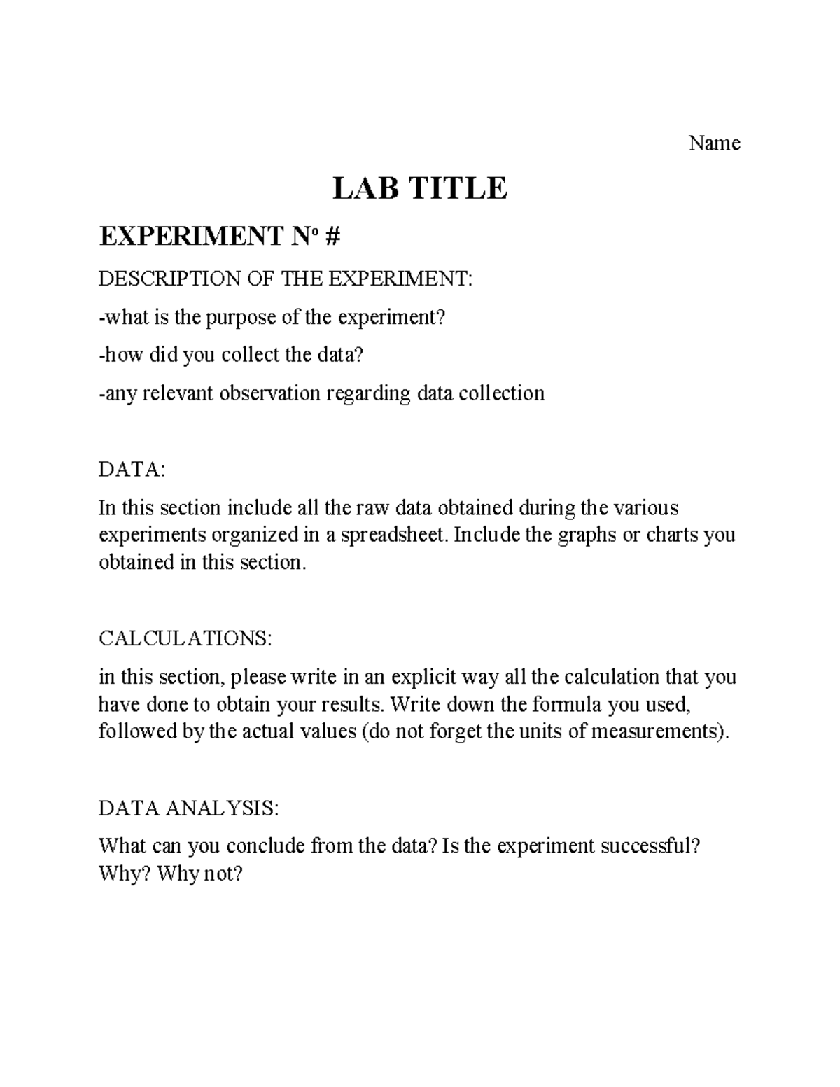 Lab Report template (2) - Name LAB TITLE EXPERIMENT N o DESCRIPTION OF ...