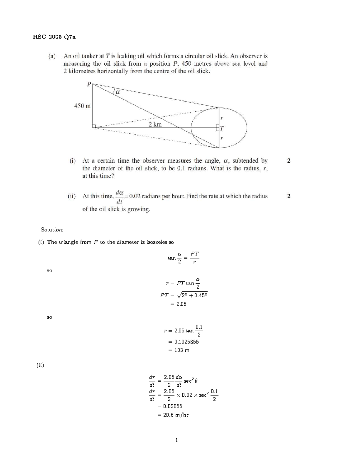 Related Rates Questions and Solutions Attachment - HSC 2005 Q7a ...