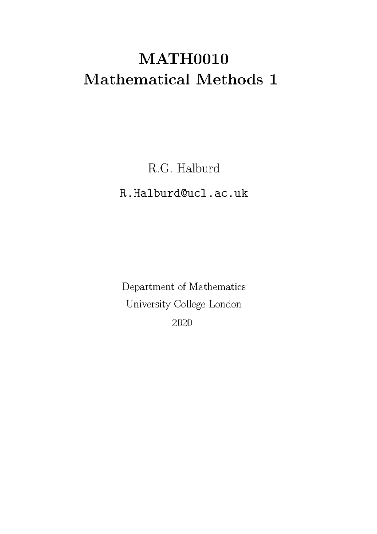 Notes-MATH0010Mathematical Methods 1 - MATH Mathematical Methods 1 R ...
