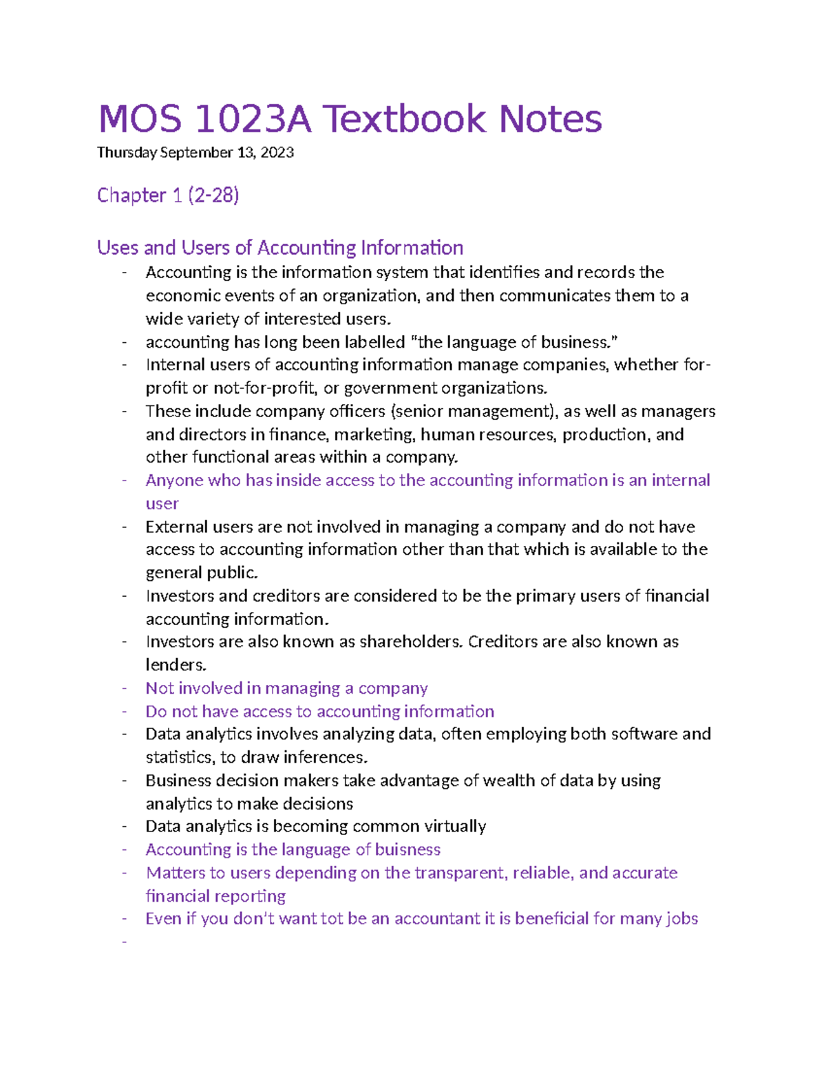 MOS 1023A Chapter 1 & 2 Accounting Information Overview Notes - Studocu