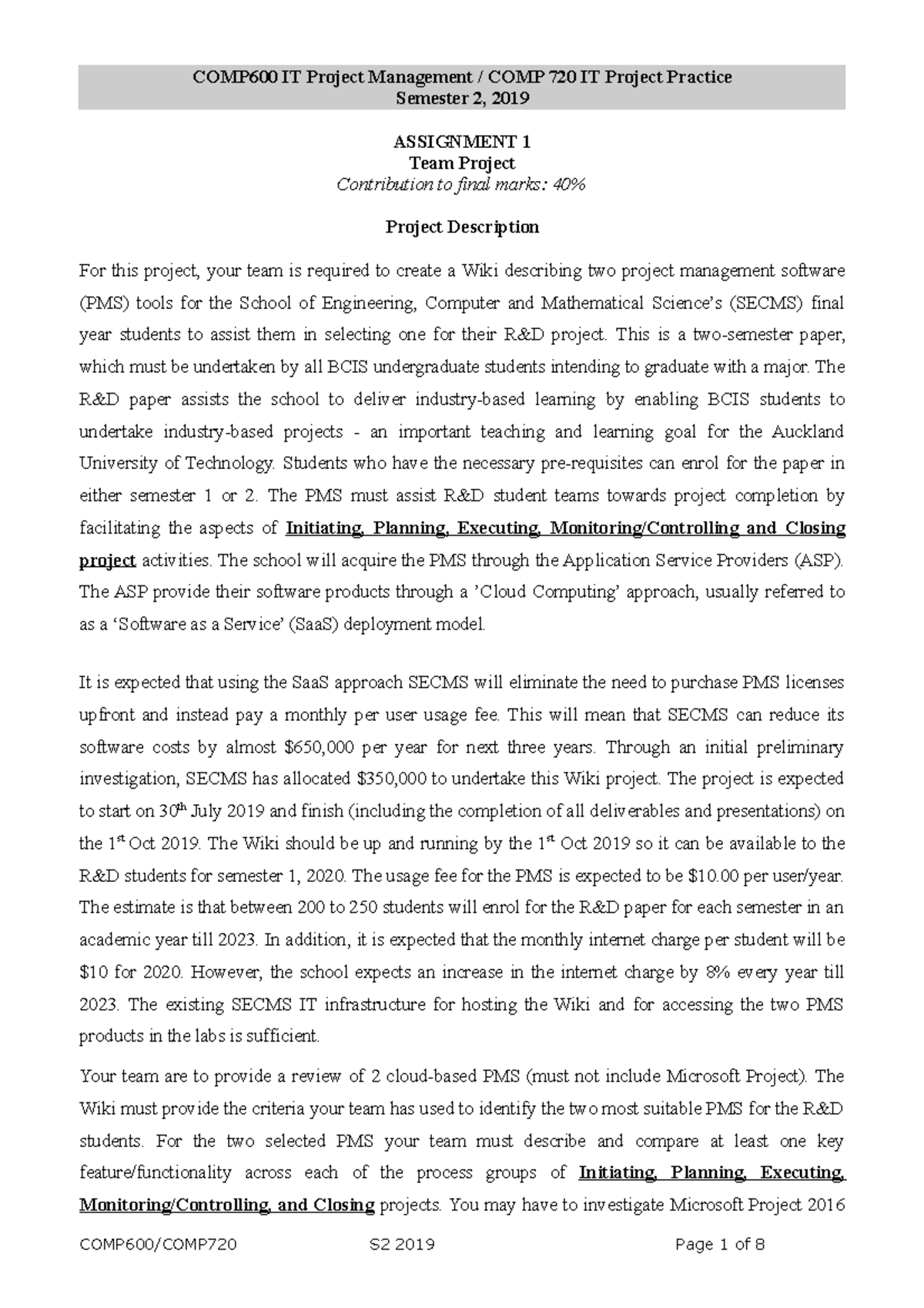 COMP600 720- Itpmitpp-Assignment 1 S2 2019 - COMP600 IT Project ...