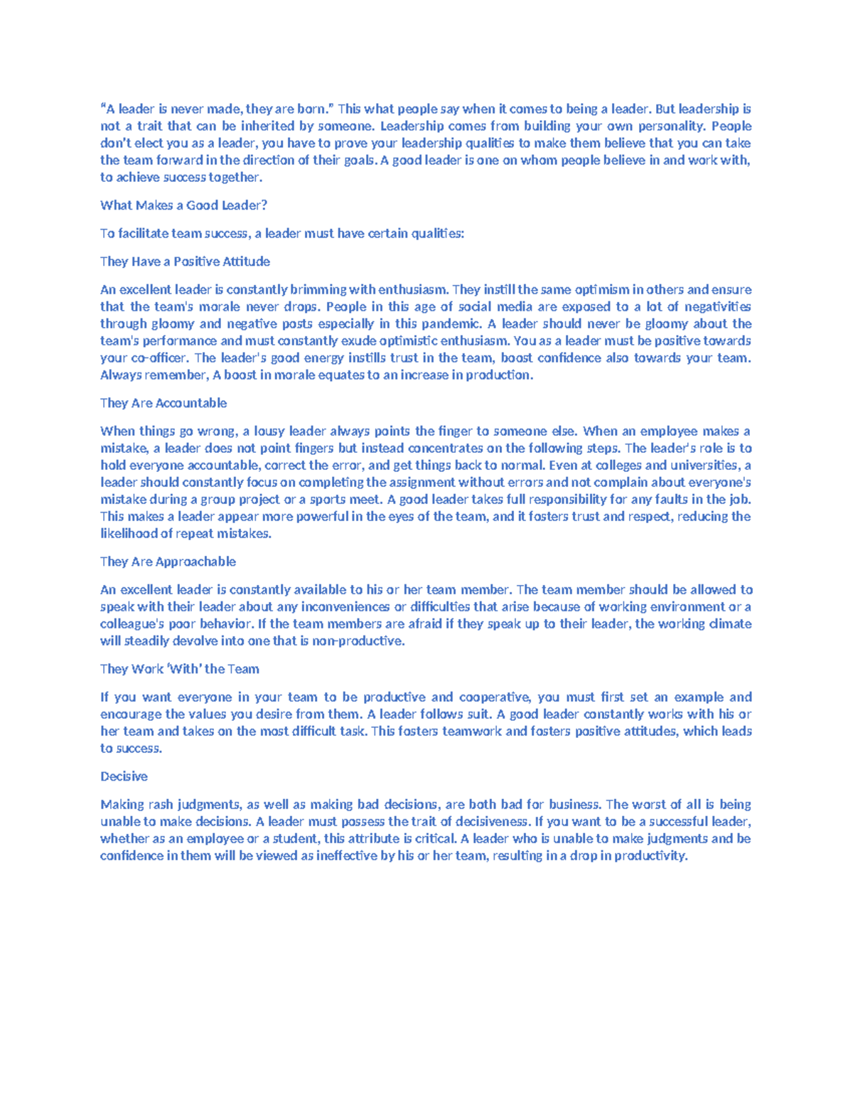 Qualities of Effective Leadership: Key Traits for Success - Studocu