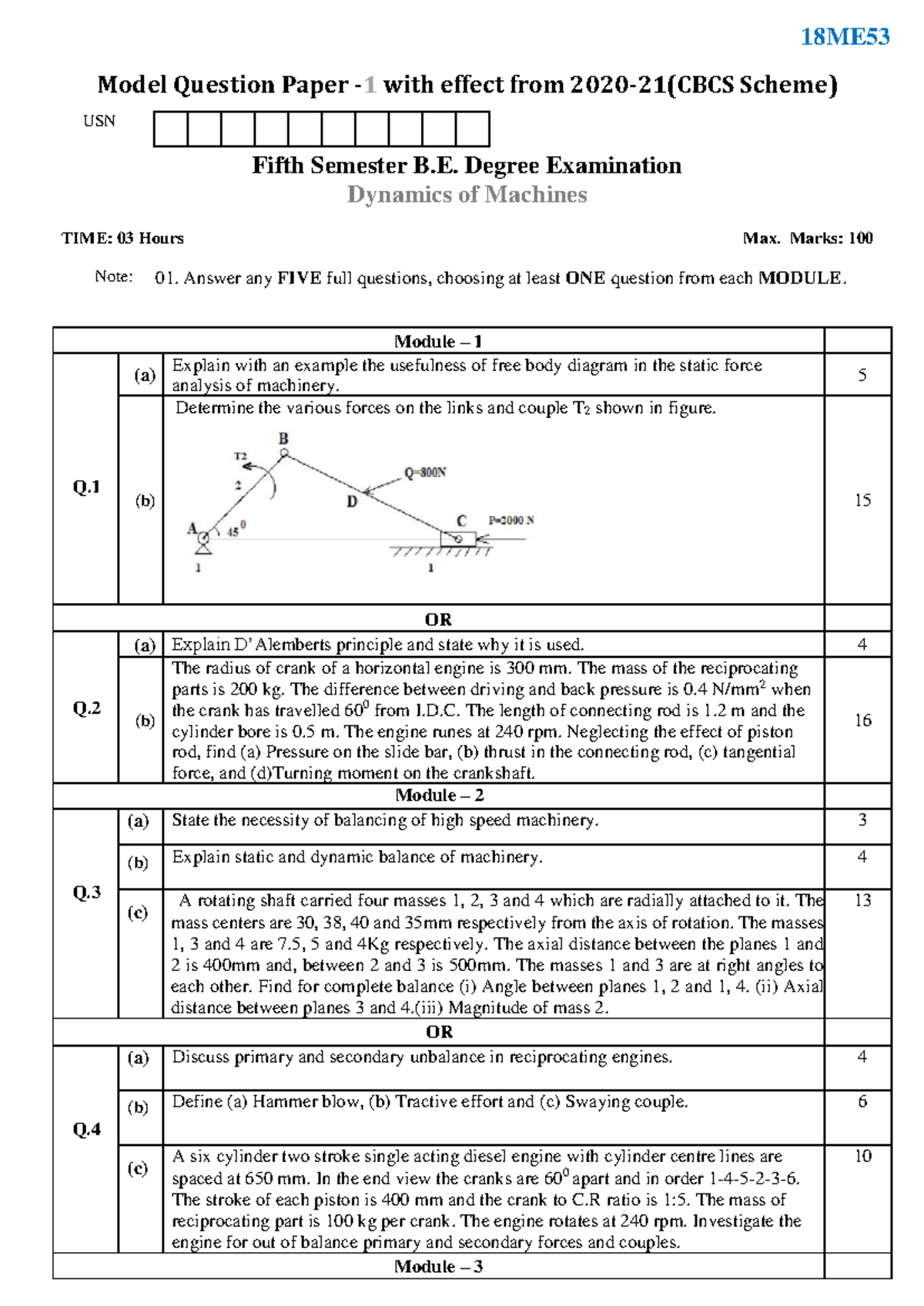 Model Question Paper for 18MEC53: Dynamics of Machines (2020-21) - Studocu