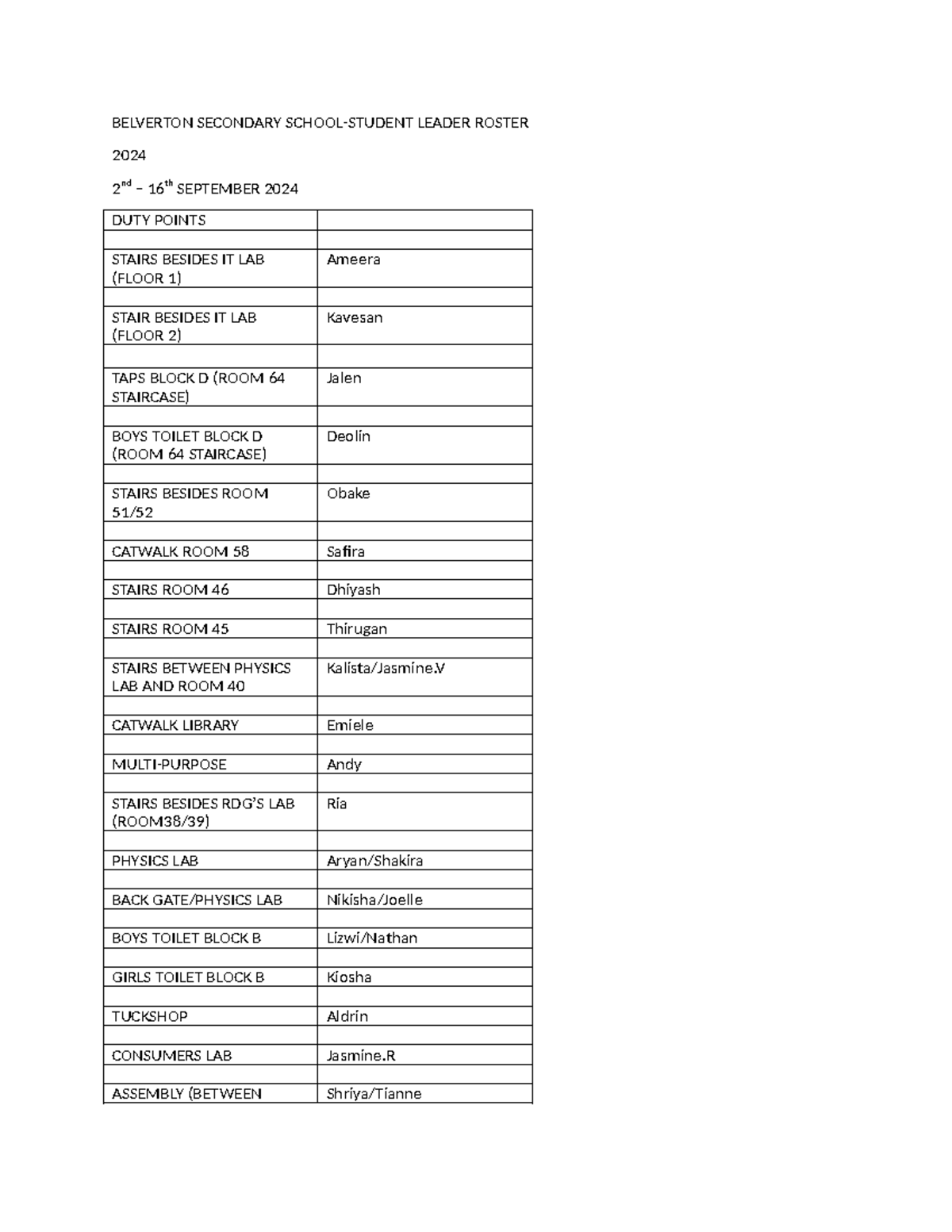Duty point roster (2-16 Sept 2024) - BELVERTON SECONDARY SCHOOL-STUDENT ...