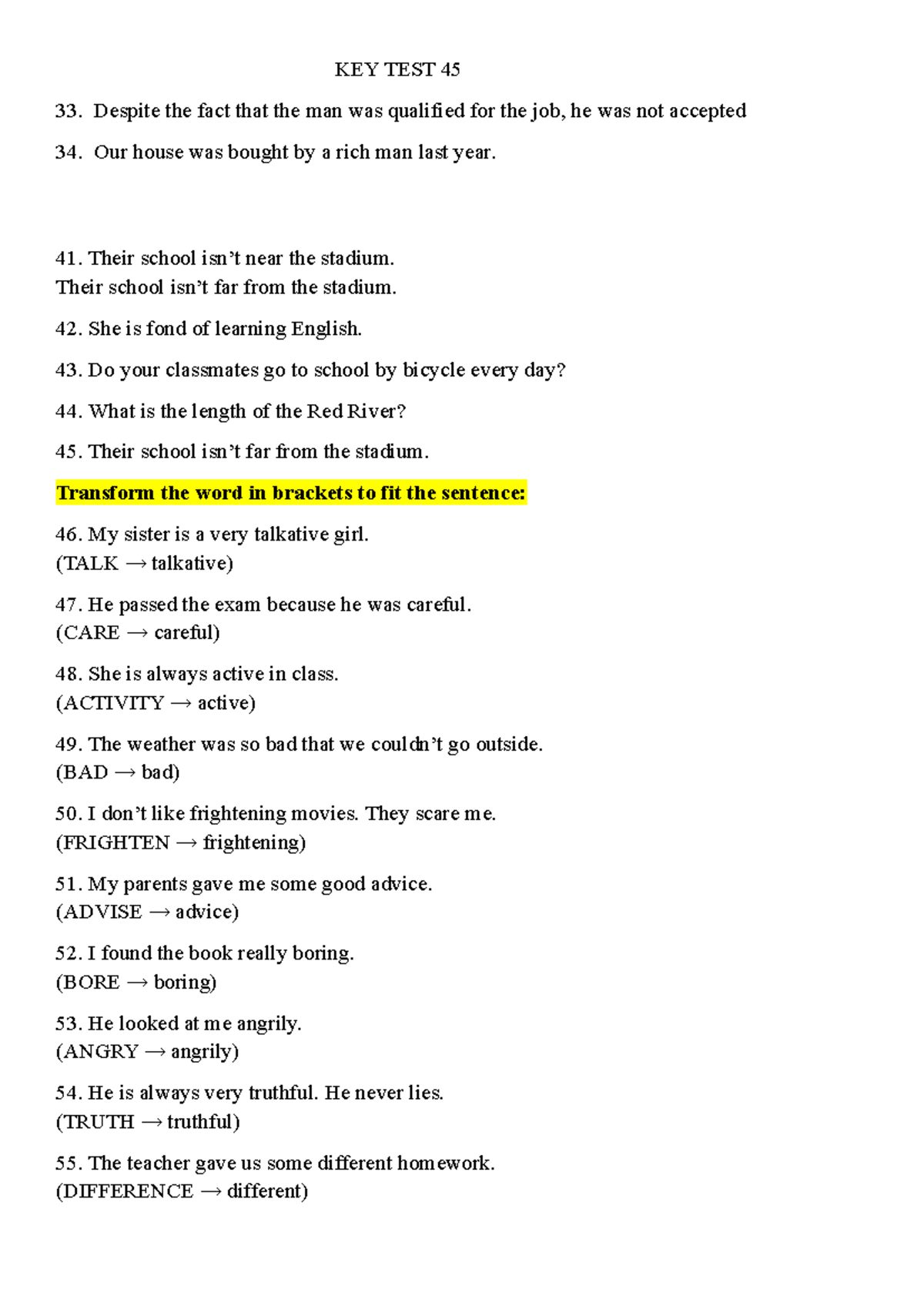KEY TEST 45 - Transformations and Sentence Completion - Studocu