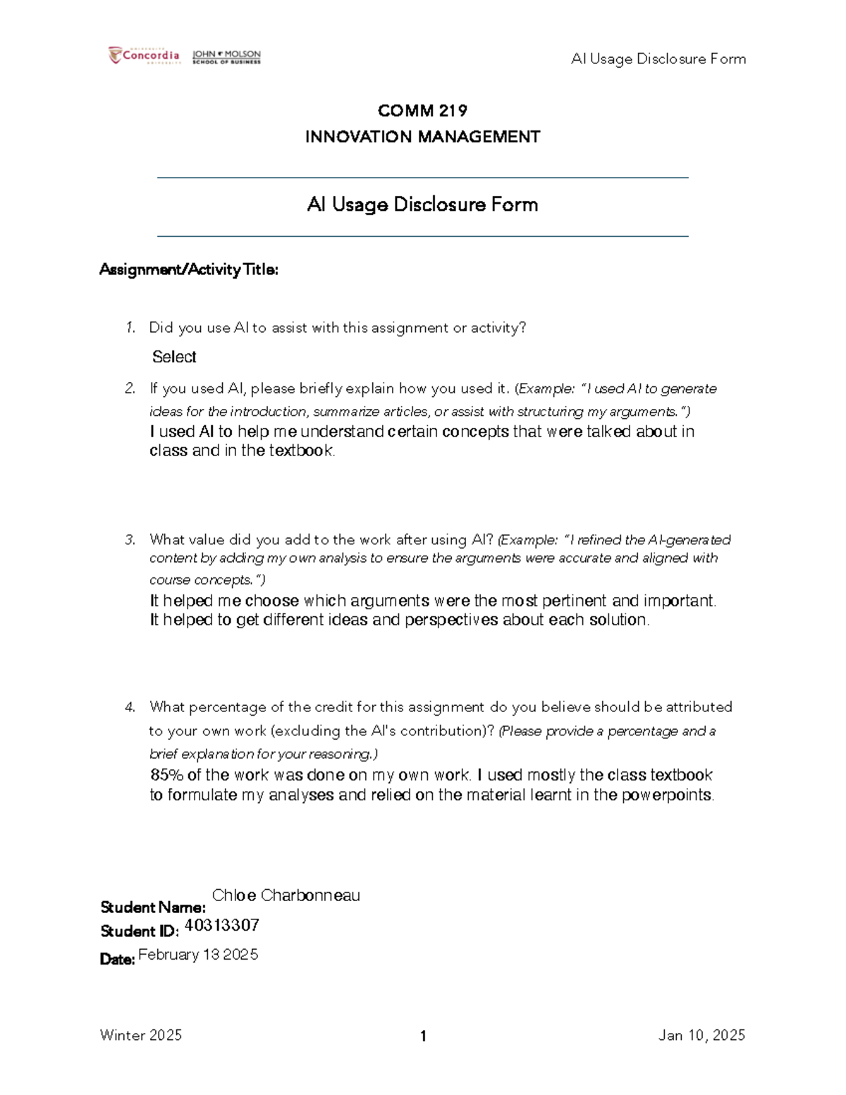 AI Usage Disclosure Form for COMM 219 - Winter 2025 - Studocu