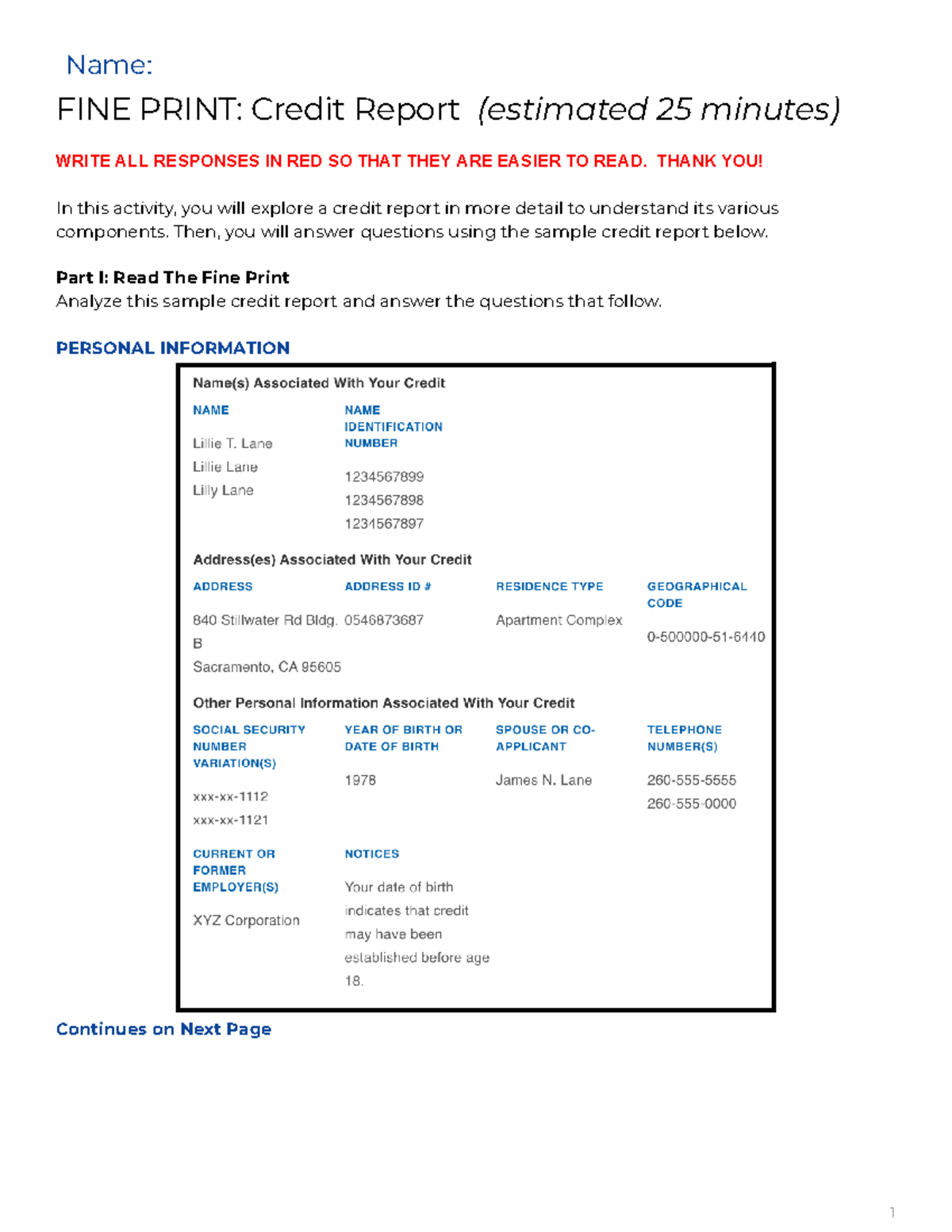 FINE Print Credit Report Analysis - Worksheet Guide for Students - Studocu