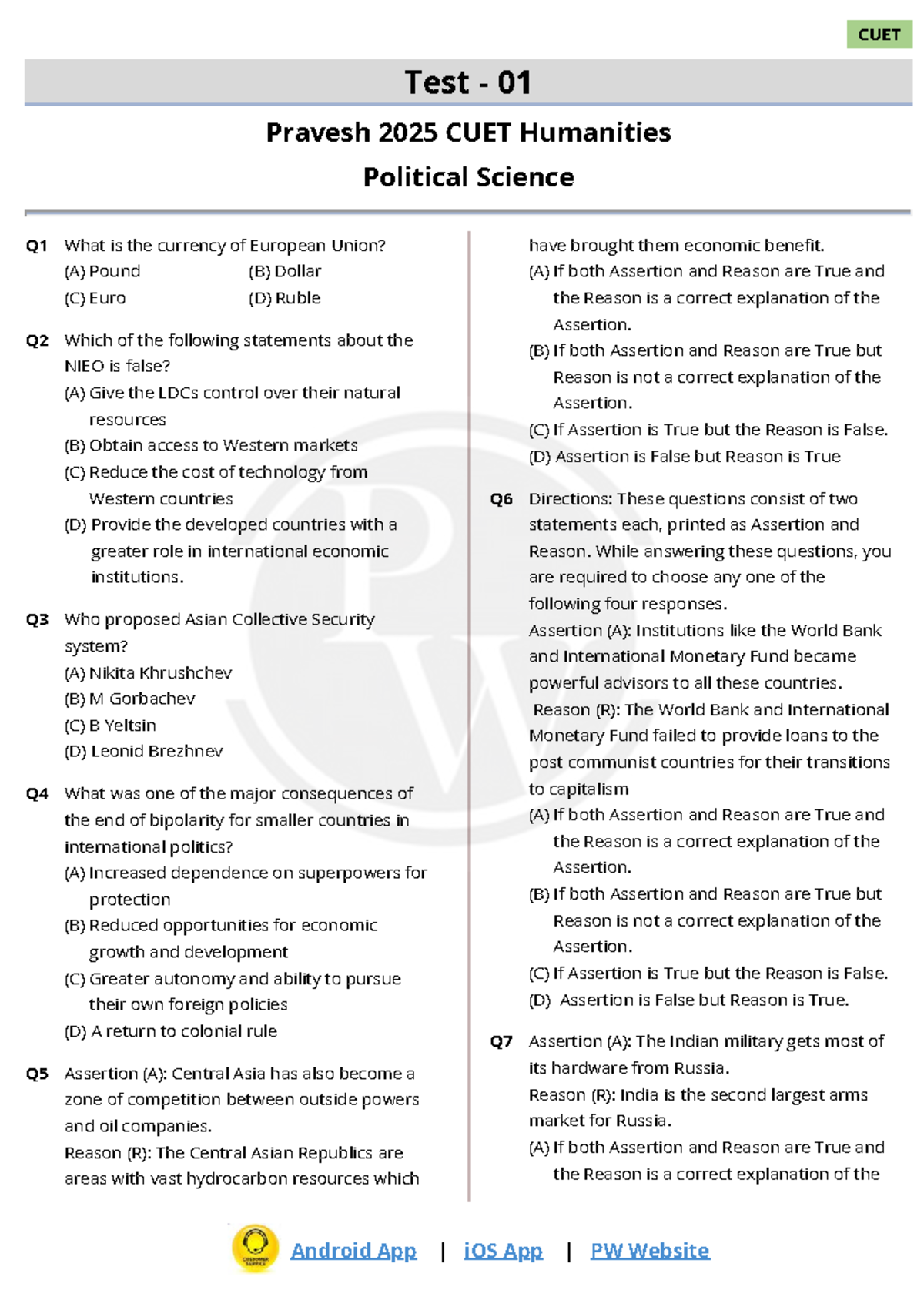 CUET 2025 Test 01: Political Science Questions & Answers - Studocu
