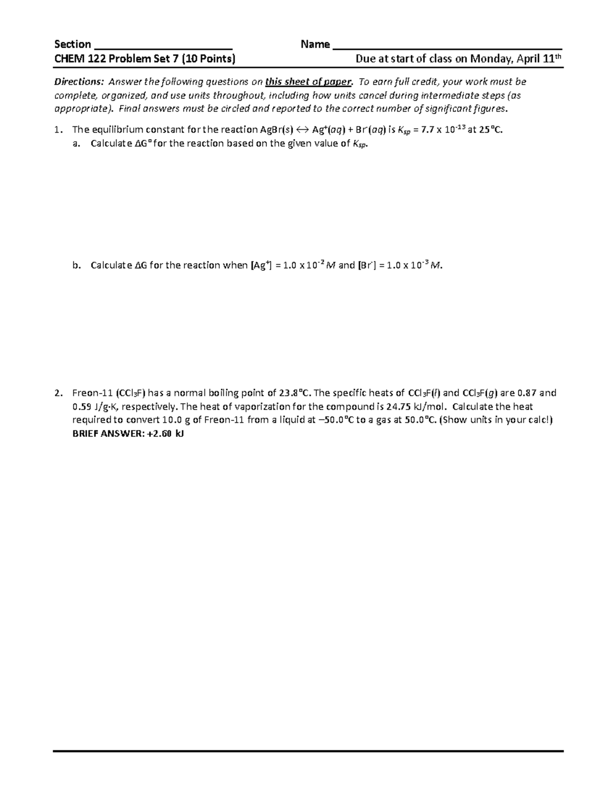 CHEM 122 Problem Set 7: Equilibrium and Thermodynamics Problems ...