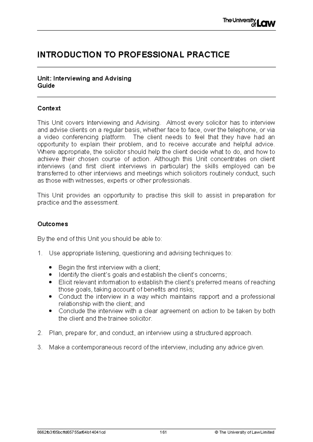 **Workshop 1 - Professional Practice Unit: Interviewing and Advising ...