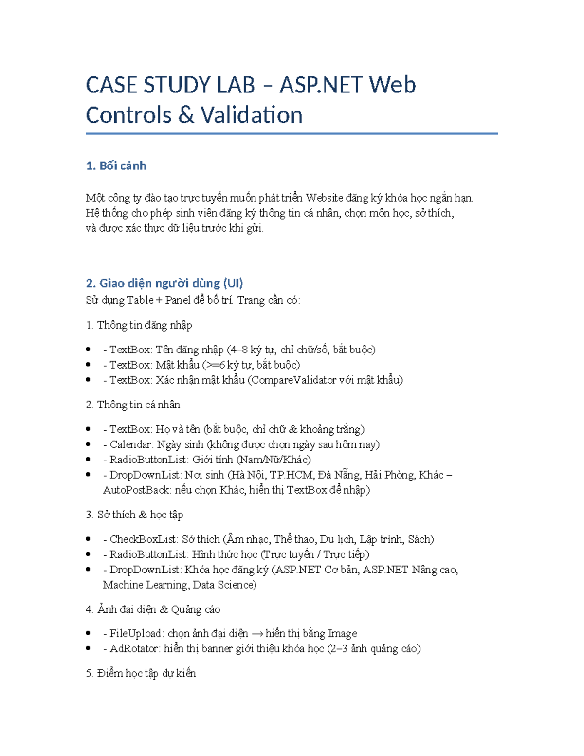 CASE STUDY LAB ASP.NET Web Controls Validation and UI Design - Studocu