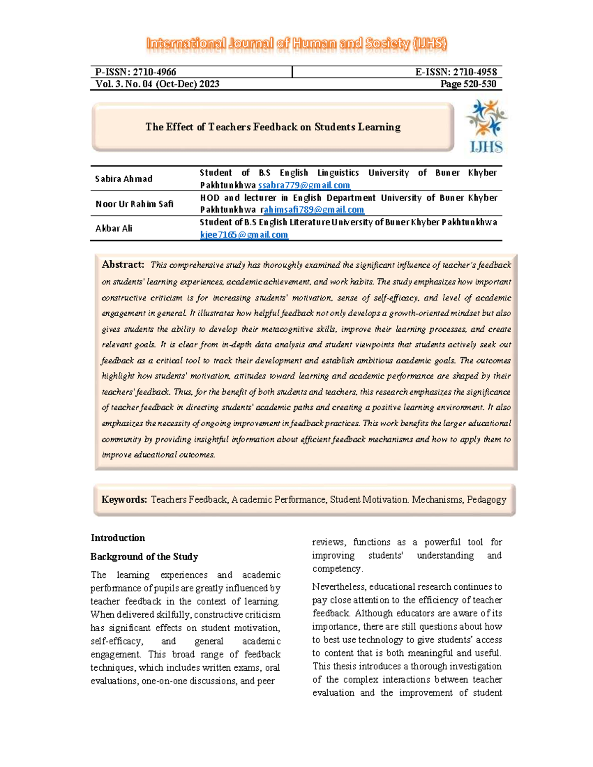 The Impact of Teacher Feedback on Student Learning: A Study (B.S ...