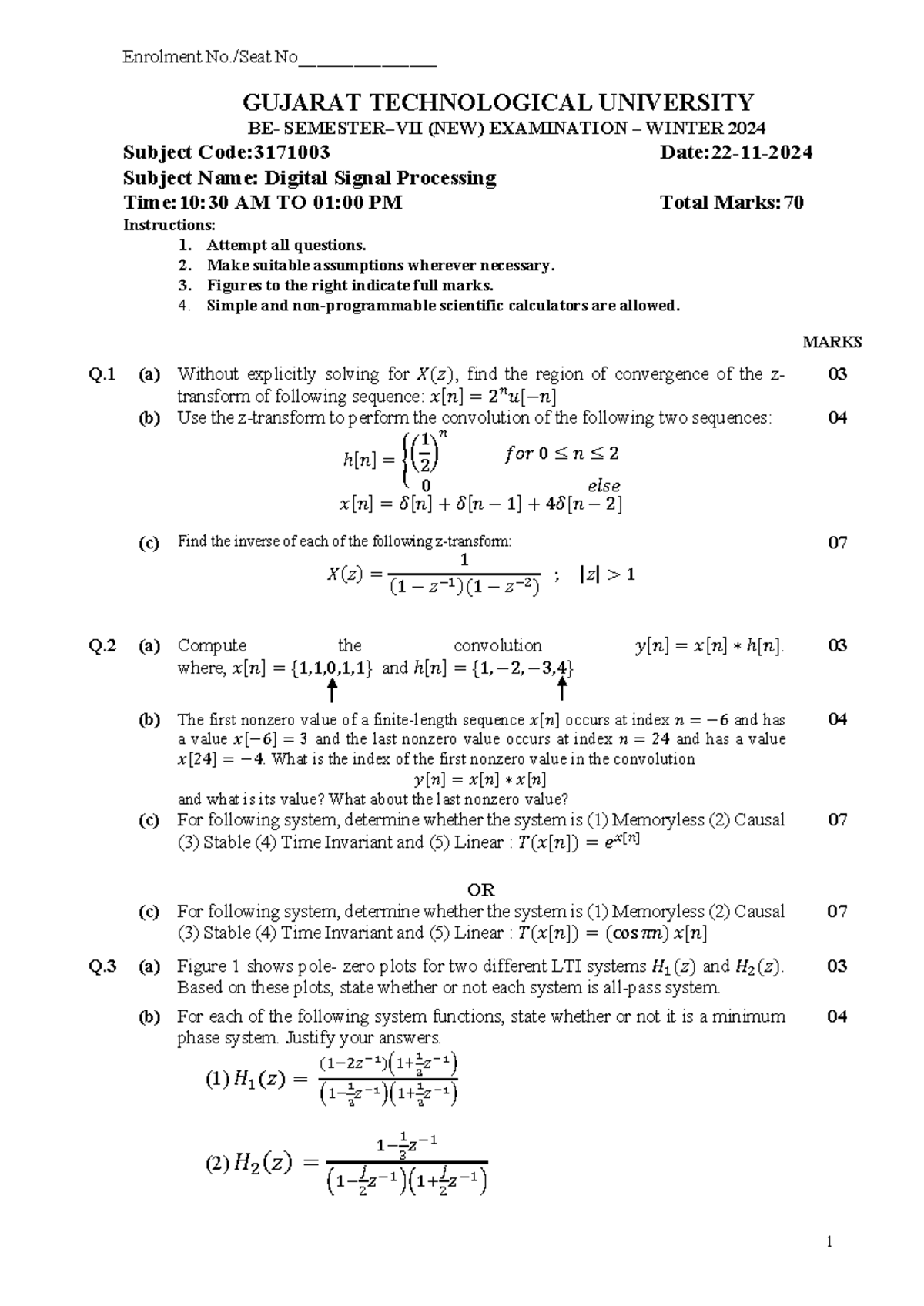 Digital Signal Processing Exam Paper - GTU Winter 2024 (Code: 3171003 ...