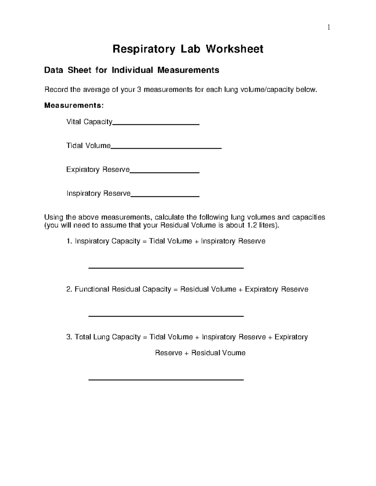 Respiratory Lab Worksheet: Lung Volumes & Capacities Measurement - Studocu